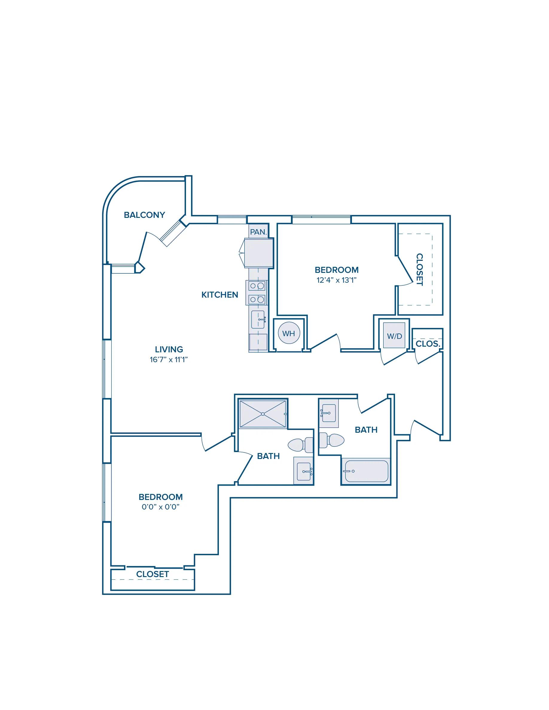 1062 square foot two bed two bath floor plan image