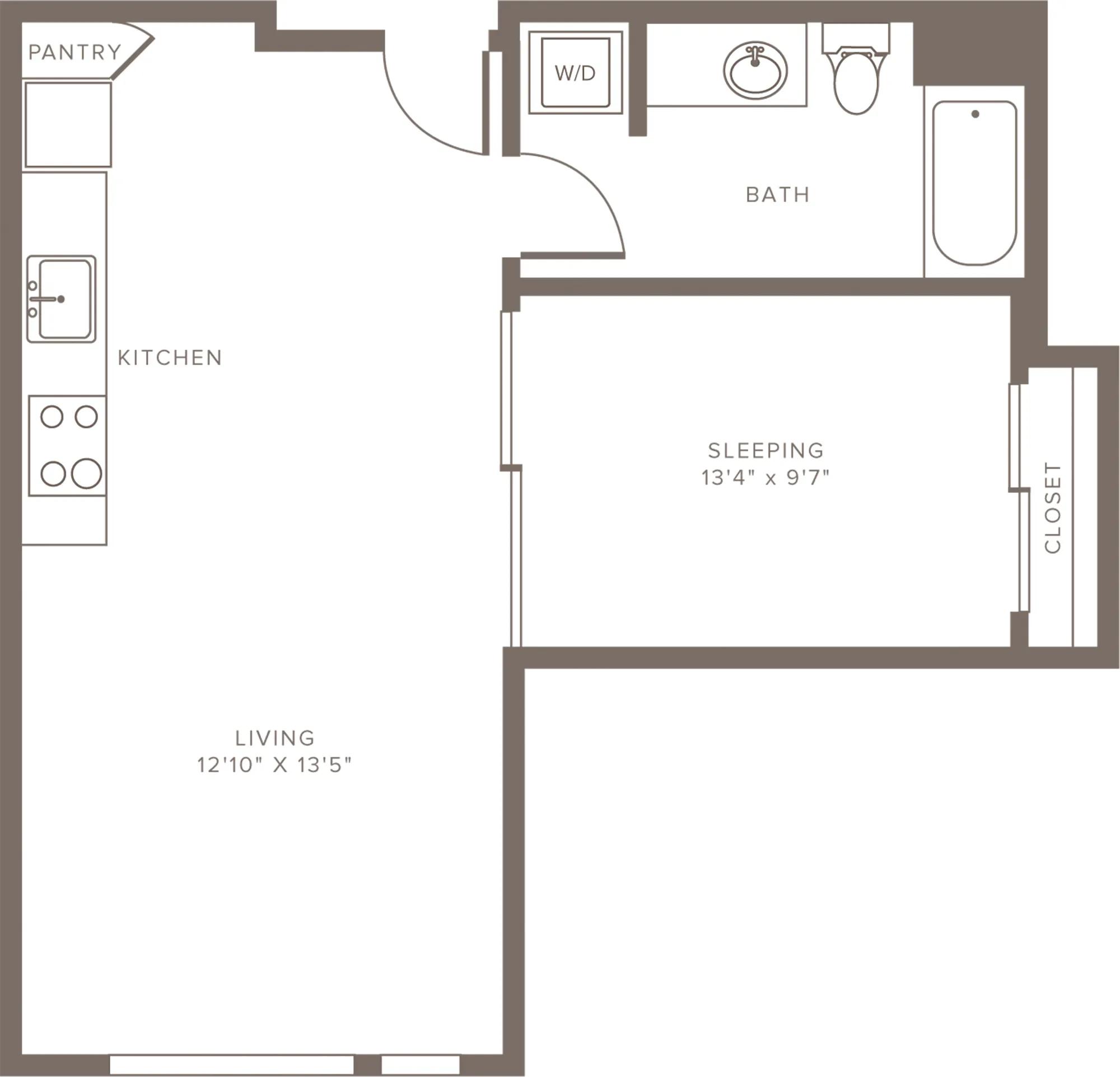 652 square foot one bedroom with slider doors one bath apartment floorplan image