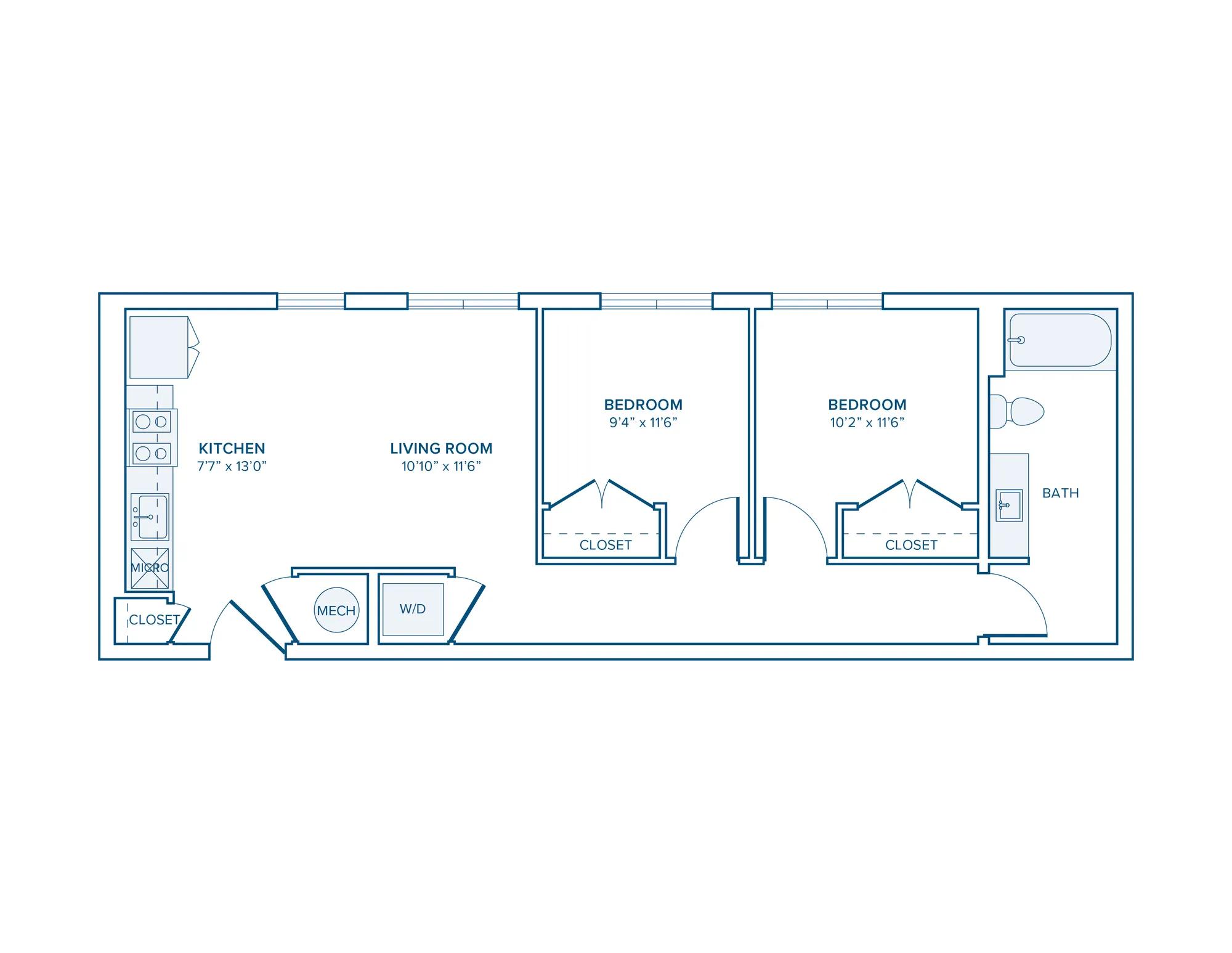 711 square foot two bed one bath apartment floor plan in D.C.