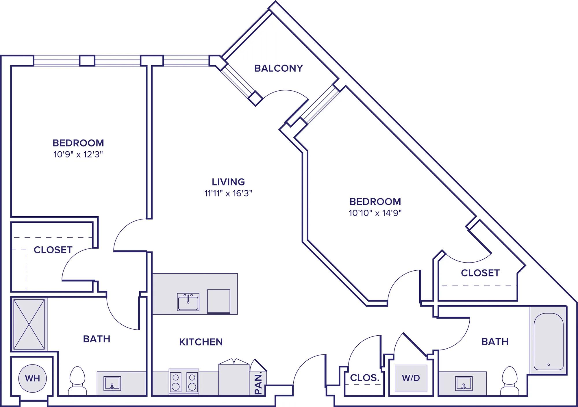 1020 square foot two bedroom two bath apartment floor plan image