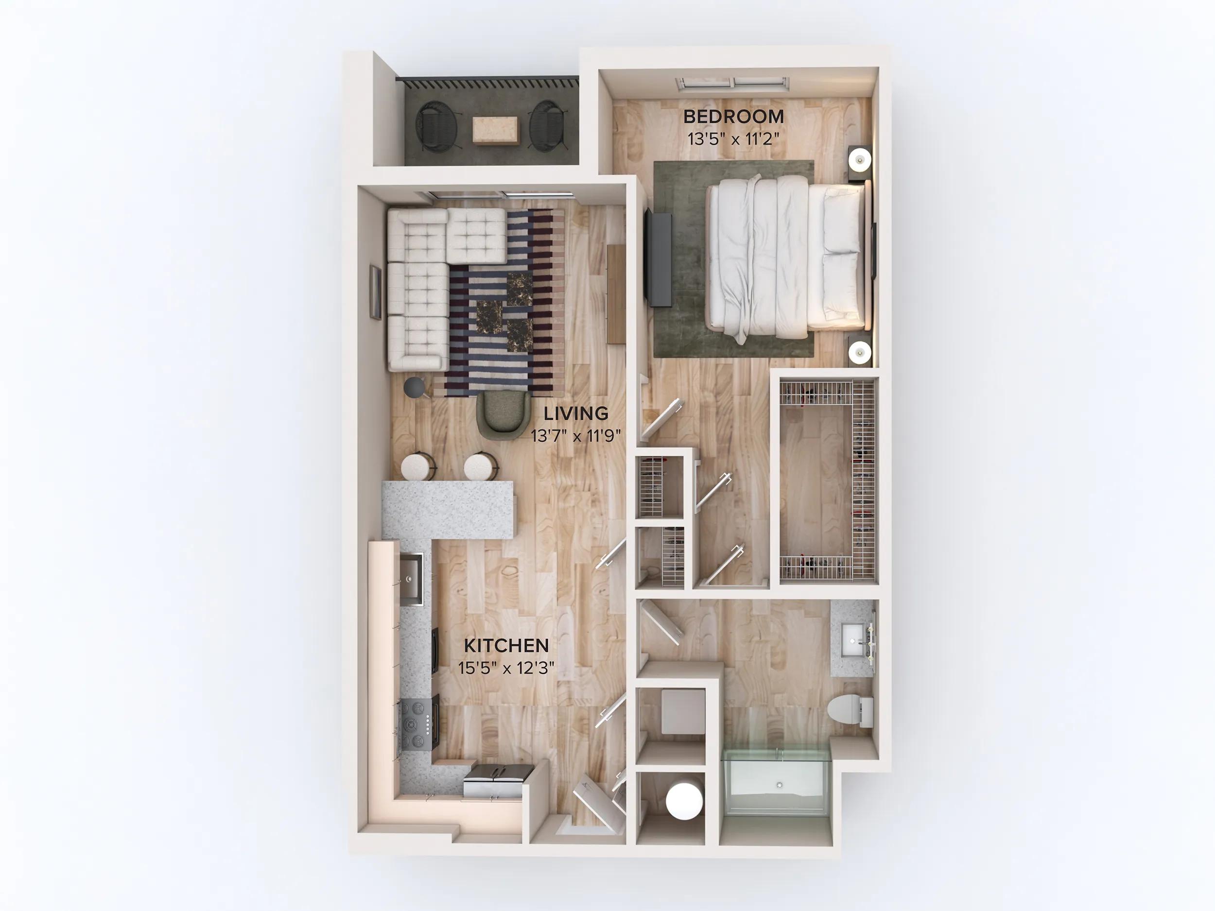 739 square foot one bed one bath floor plan in Miami, FL