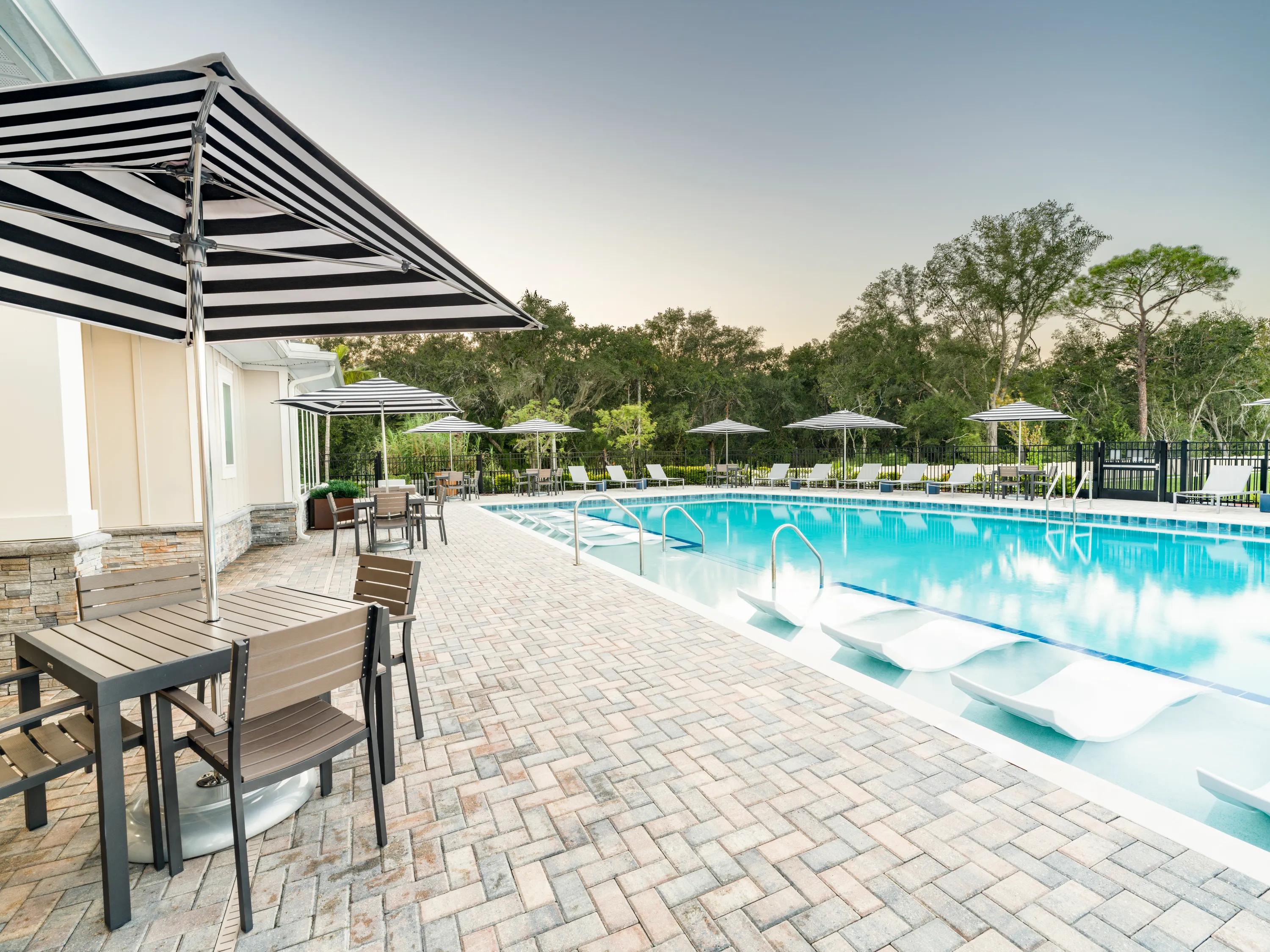 pool with lounge seating and umbrellas amavi kissimmee single family homes for rent in florida