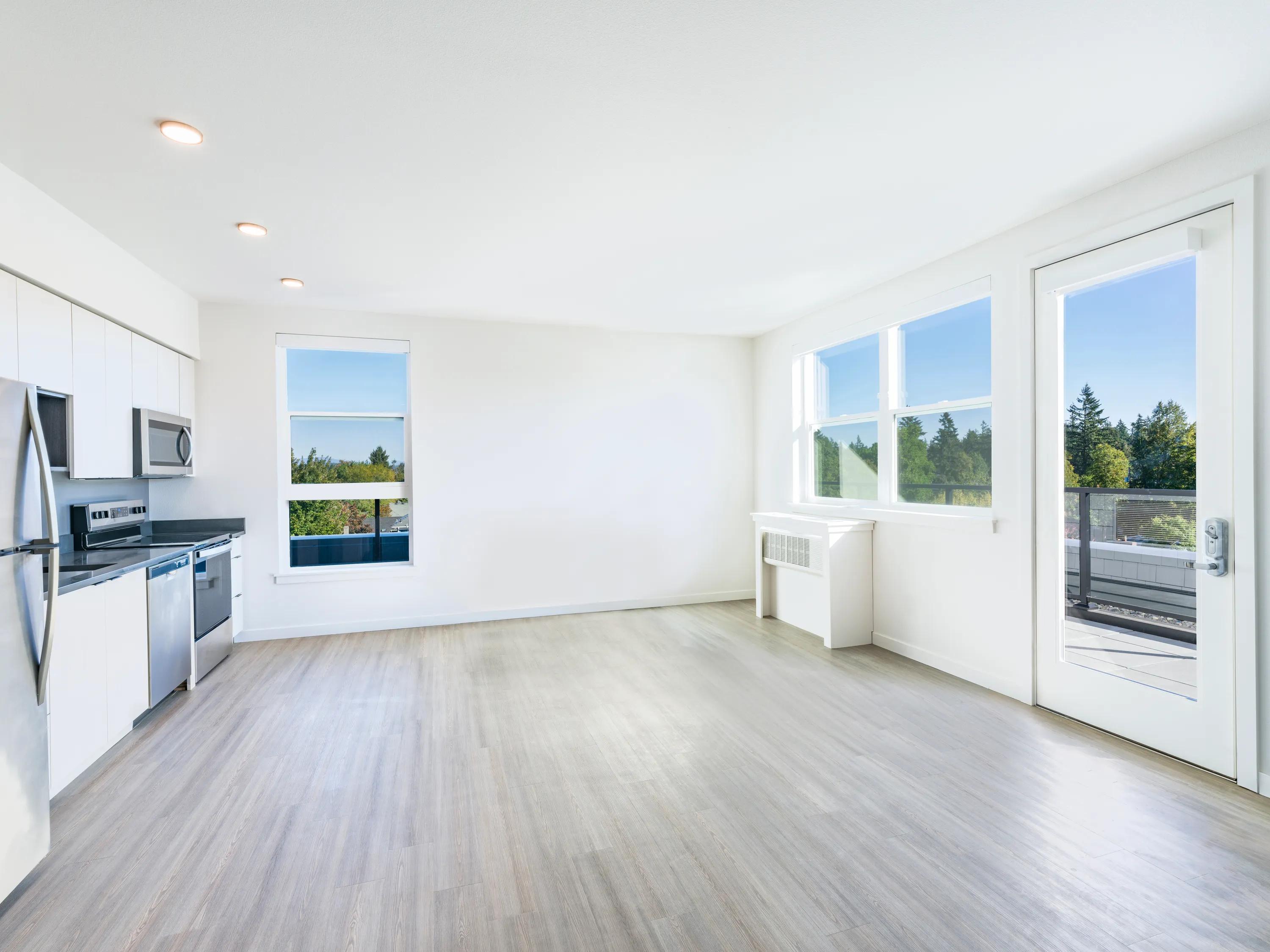 Open concept living room with kitchen