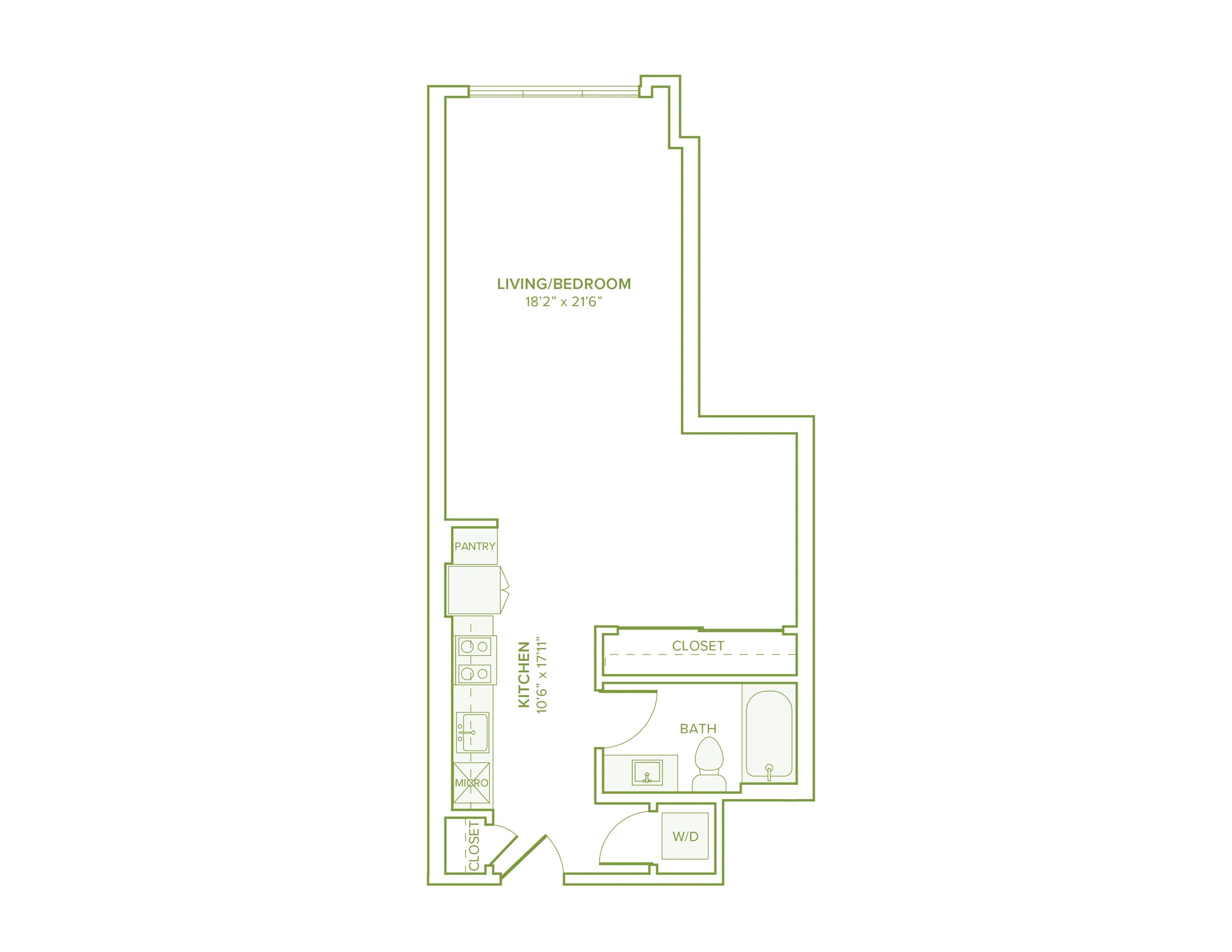 611 square foot studio one bath floor plan in Falls Church, VA
