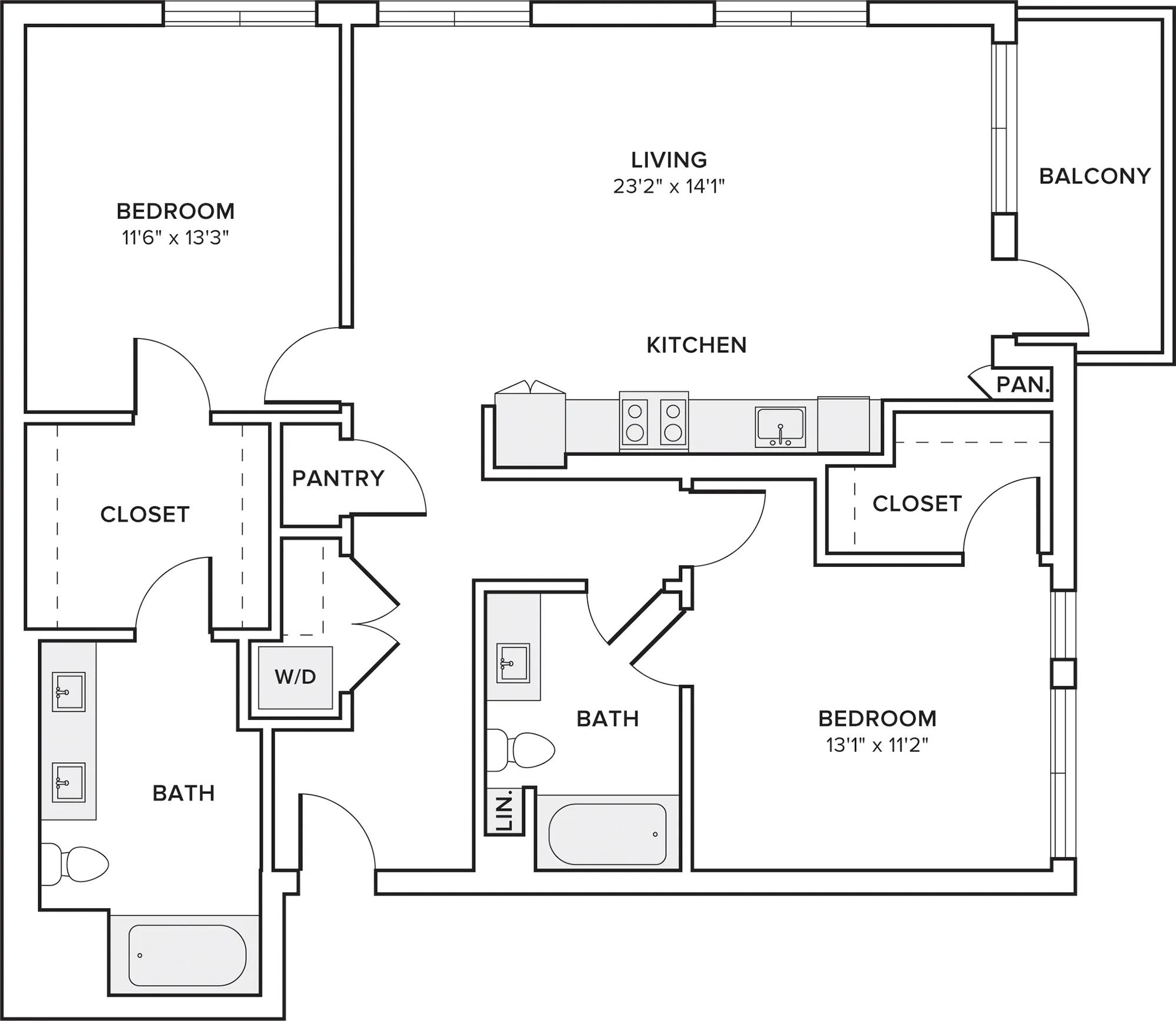 1210 square foot two bedroom two bath apartment floor plan image in Pomona, CA