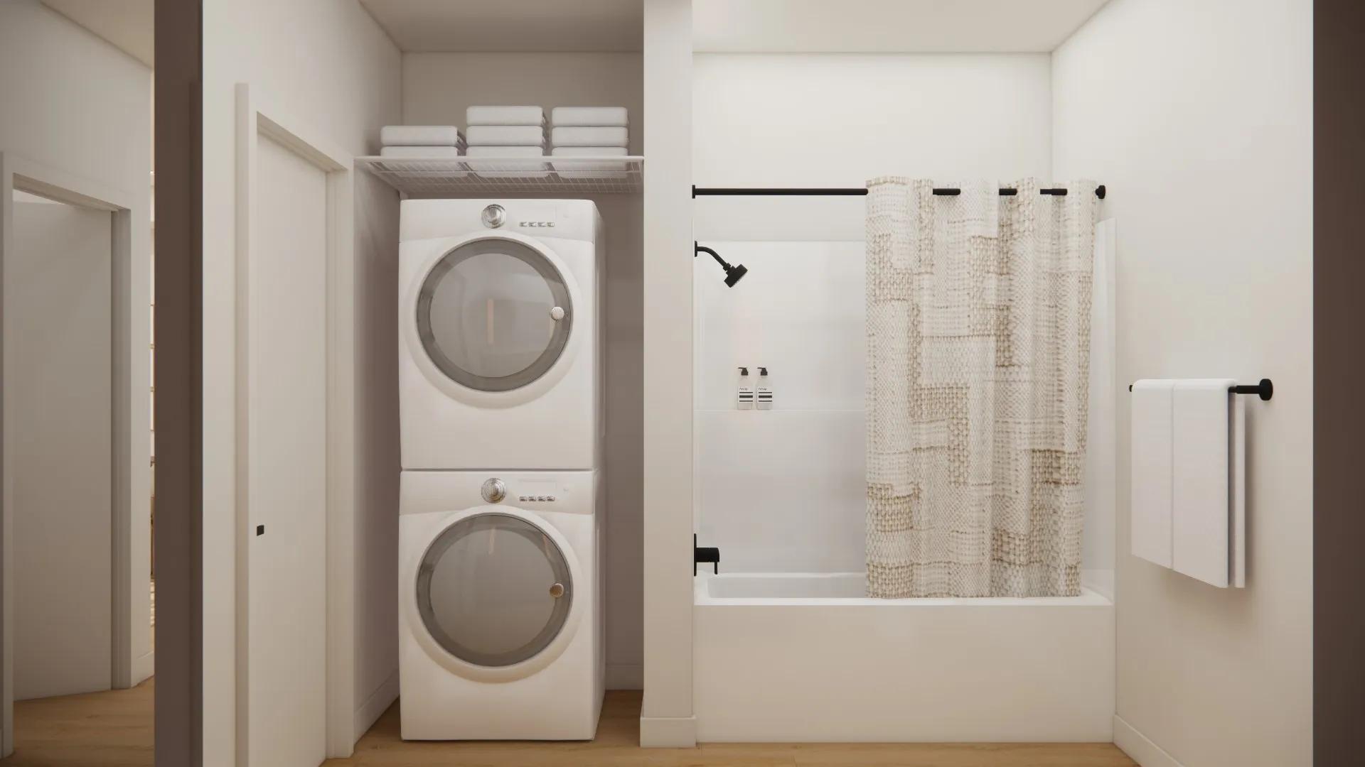 modera marmalade apartments for rent in salt lake city utah bathroom with tub and shower and in-home full size washer and dryer
