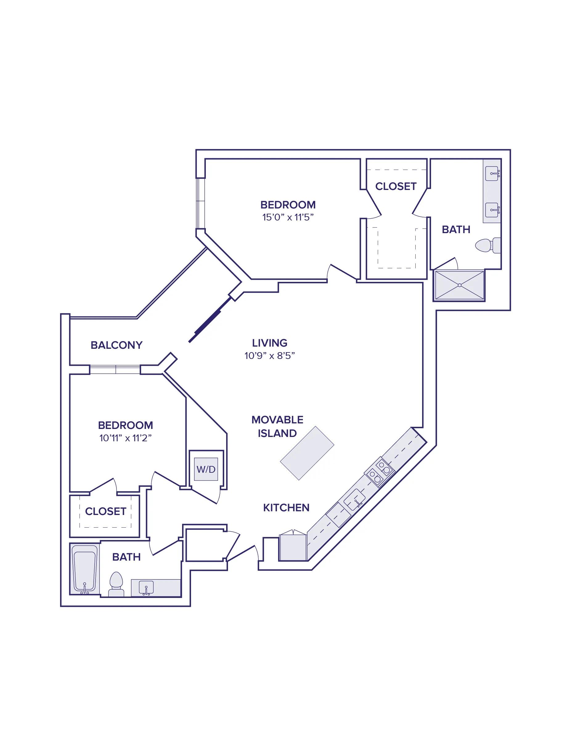 1221 square foot two bed two bath apartment floor plan image