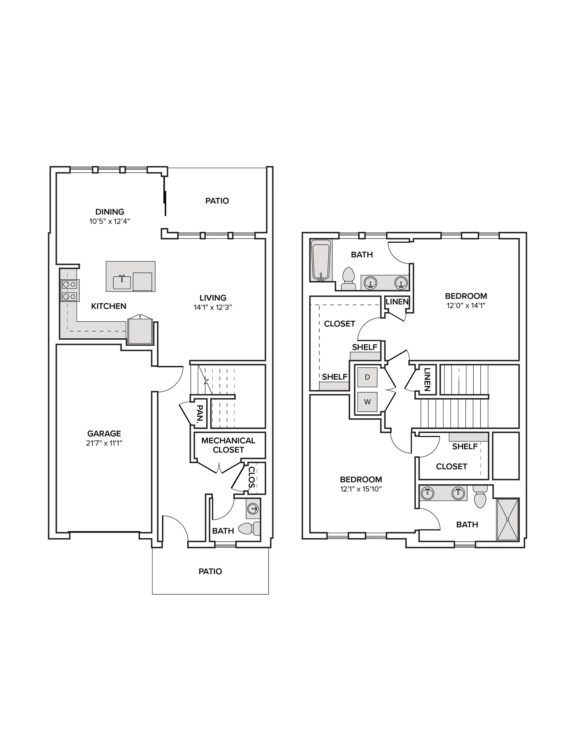 1455 square foot two bedroom three bath townhome floor plan