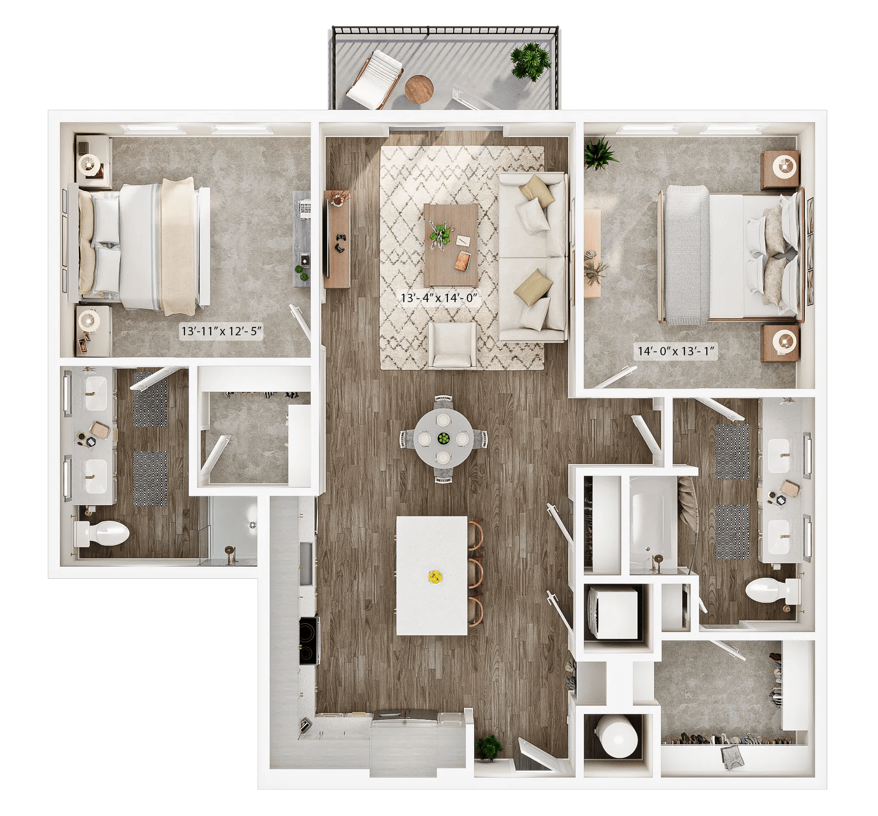 1217 square foot two bed two bath floor plan image