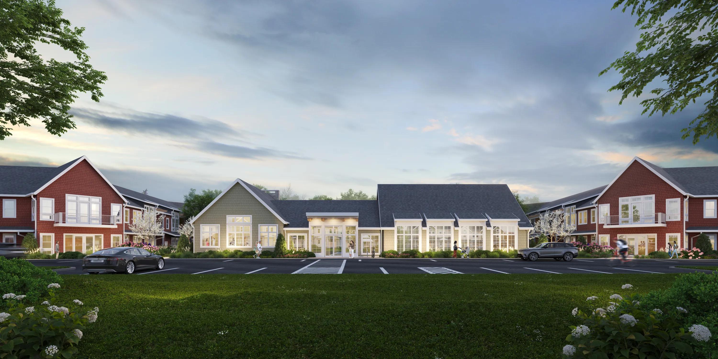 parking in front of community clubhouse rendering modera weston apartments for rent in weston ma near boston
