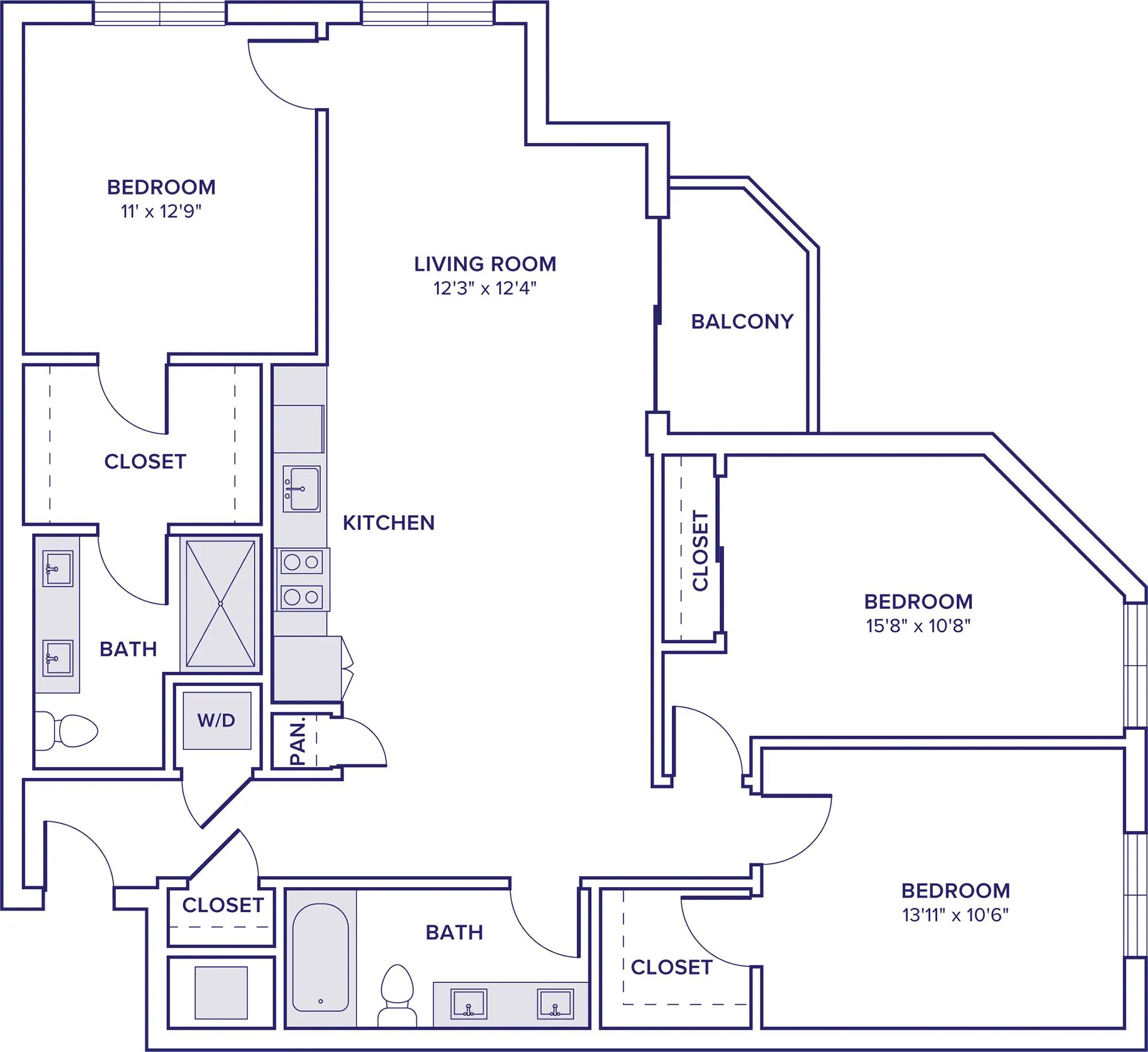1431 square foot three bedroom two bath floorplan image