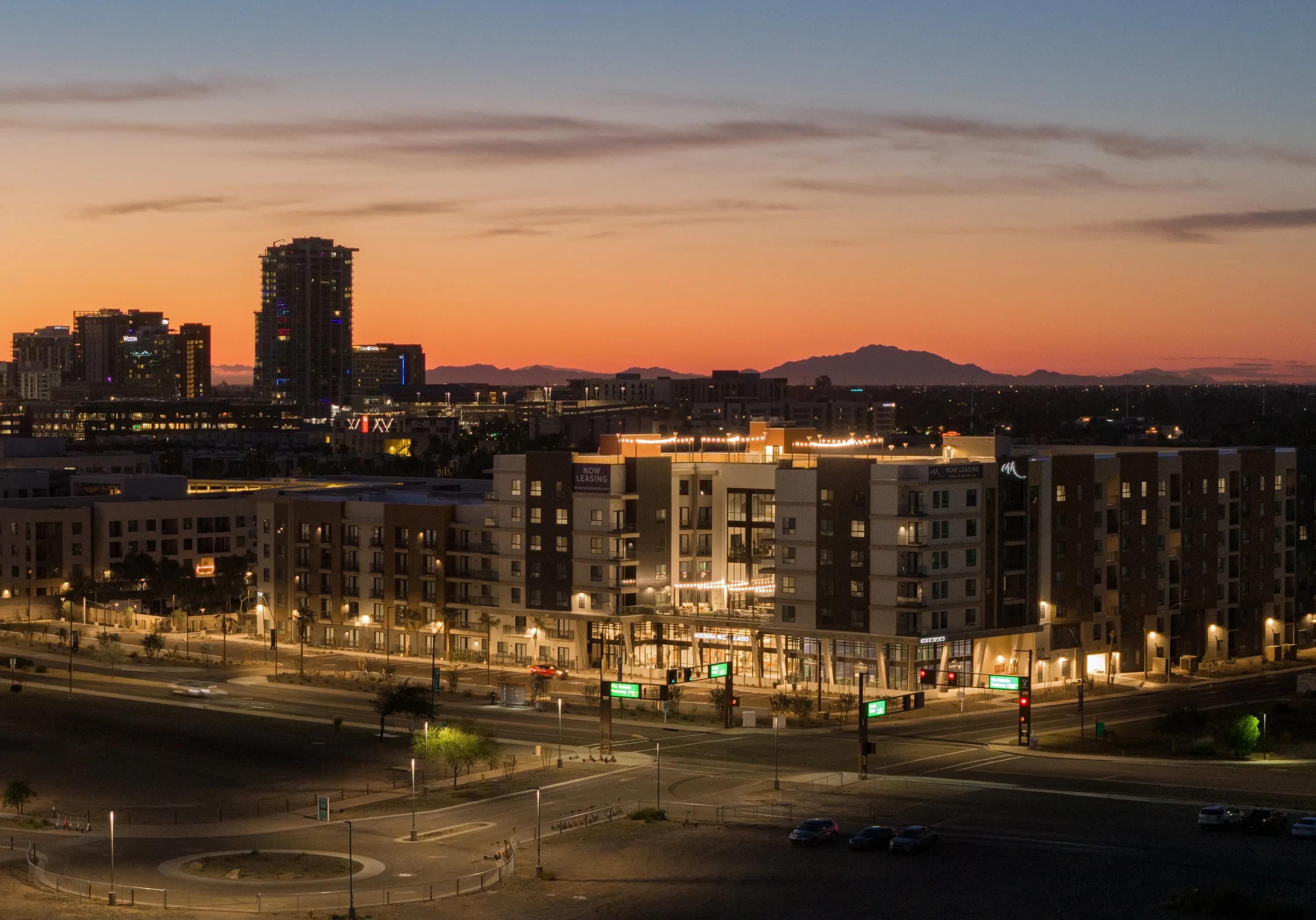 exterior at sunset  modera rio salado apartments for rent in tempe az