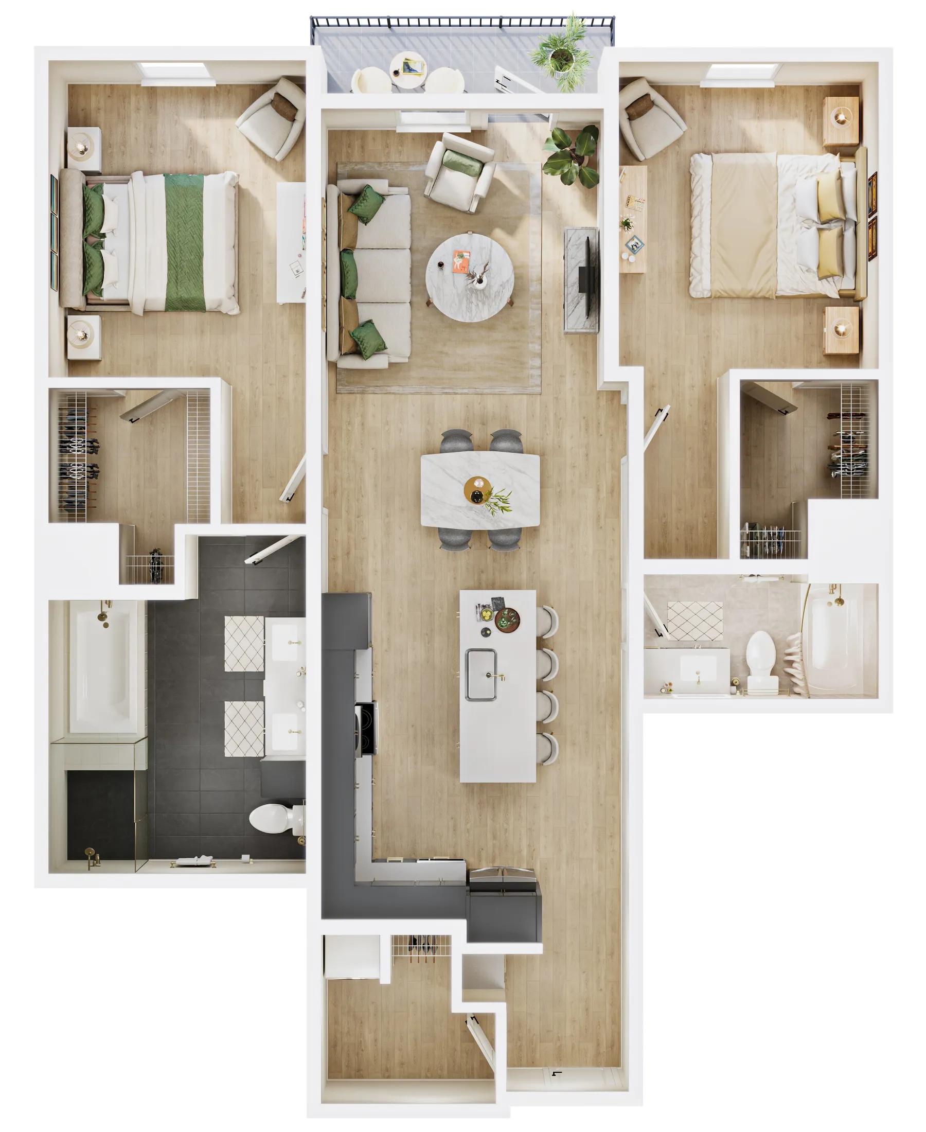 1300 square foot two bed two bath apartment floor plan image