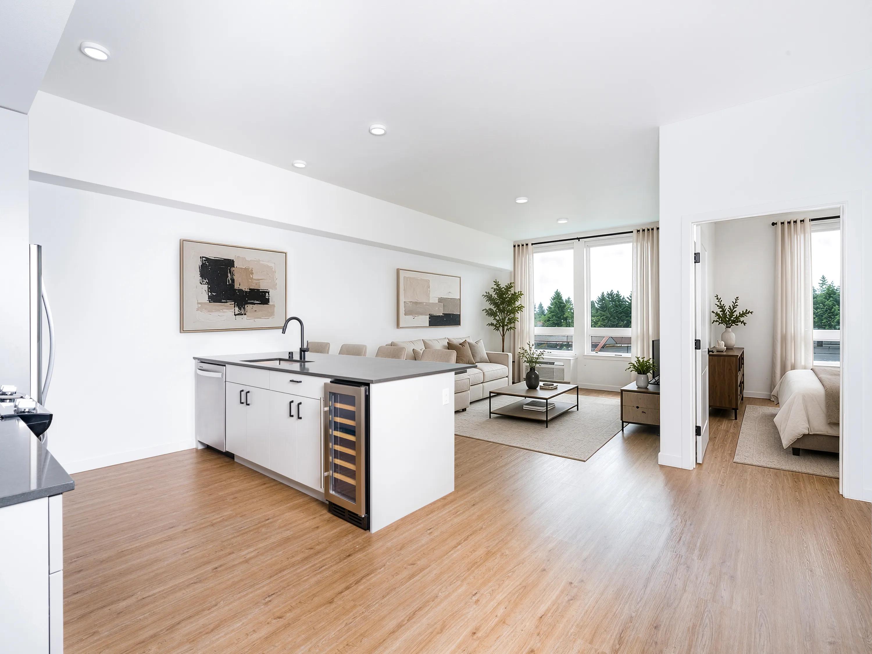 modera bridle trails kitchen and living area looking onto bedroom