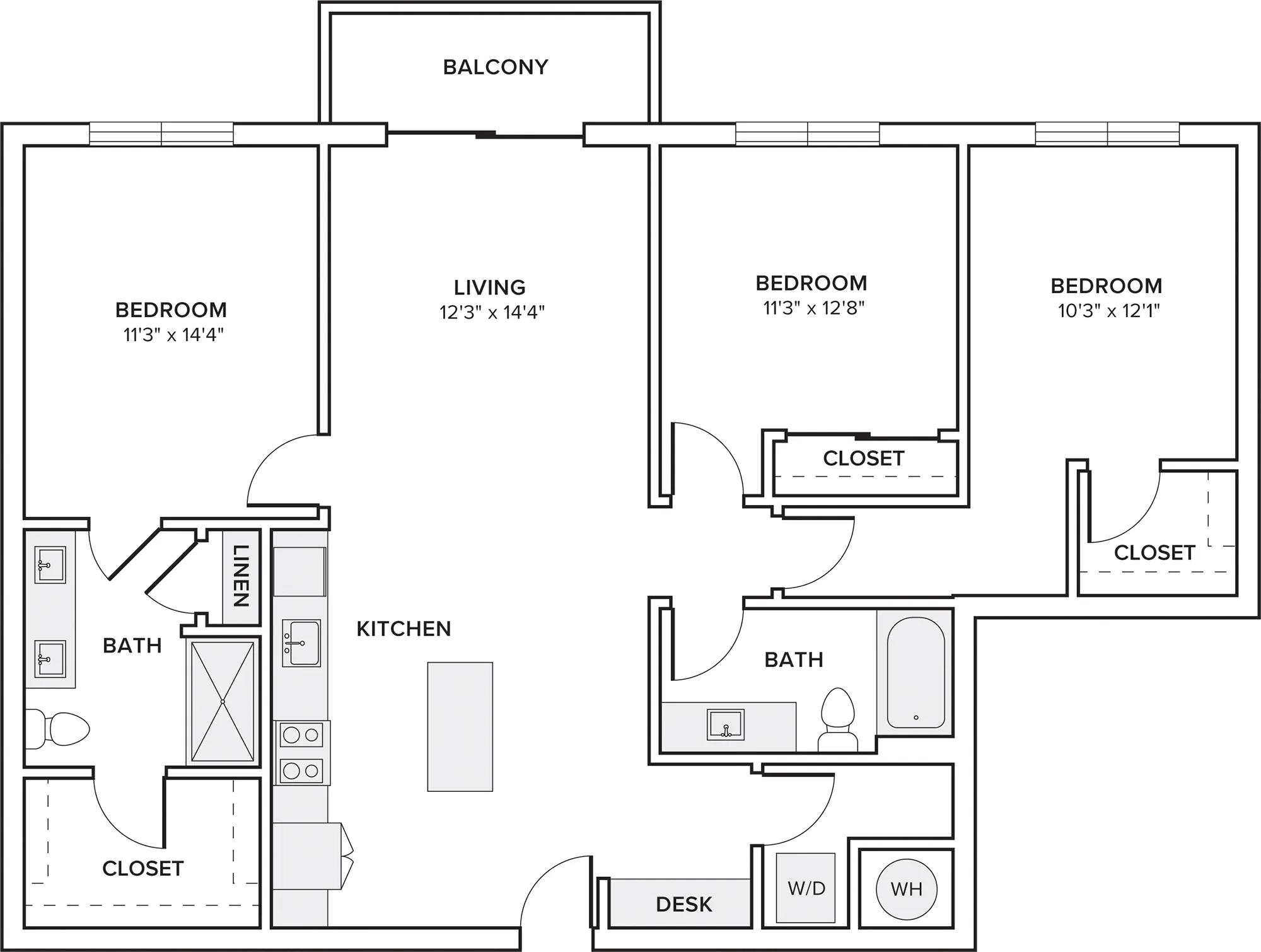 1389-1393 square foot three bedroom two bath apartment floorplan in Davie, FL
