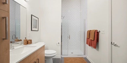 bathroom with premium finishes and subway tile shower modera newton apartment homes for rent in ma