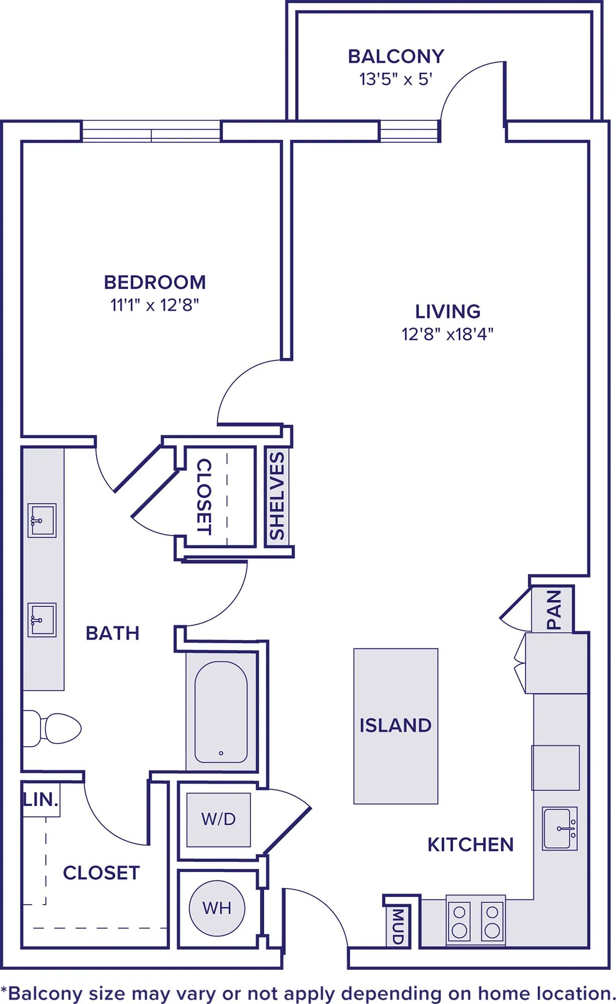 875 square foot one bed one bath apartment floor plan in McKinney, TX