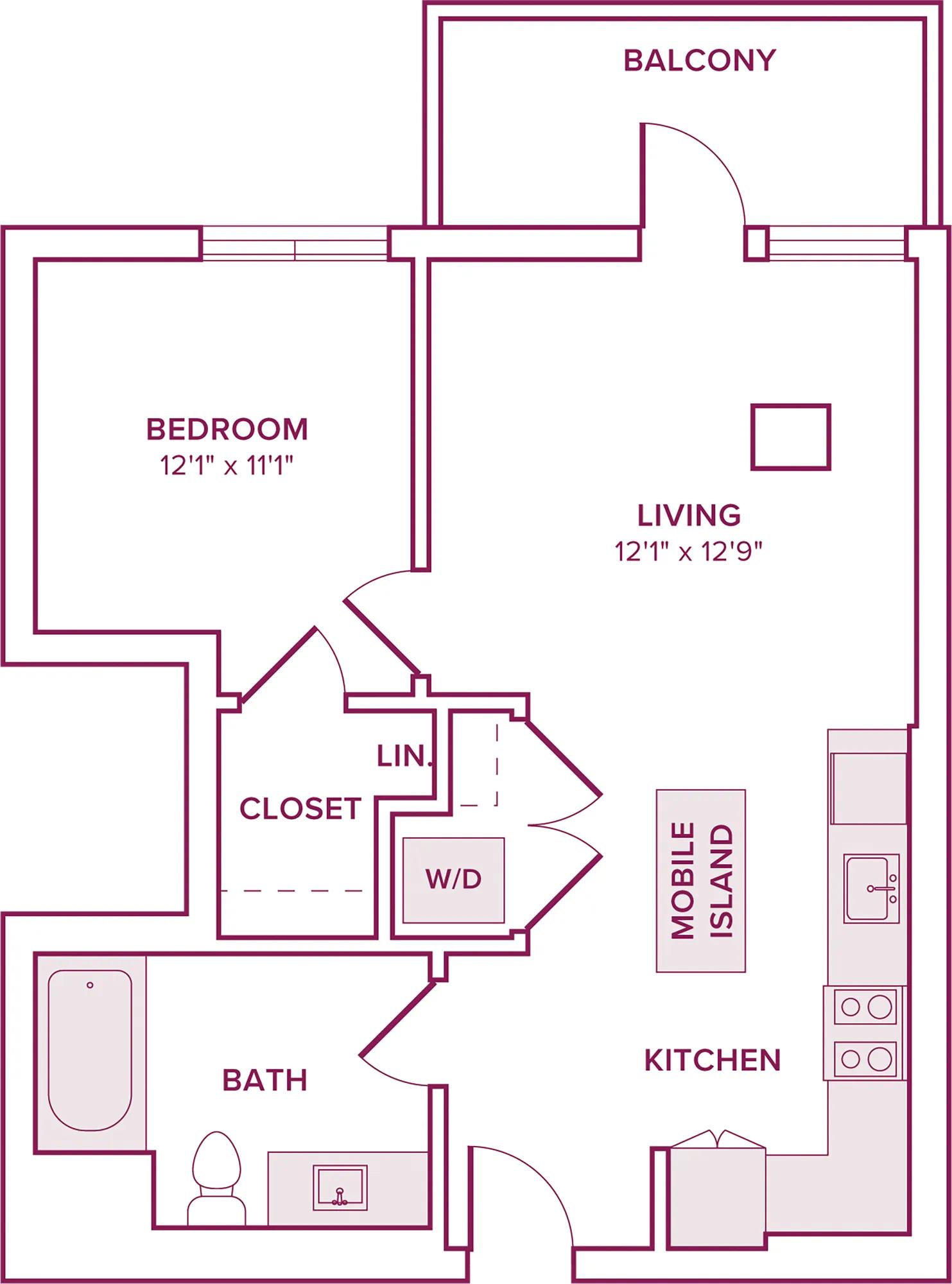 609 square foot one bed one bath floor plan in Argyle, CA