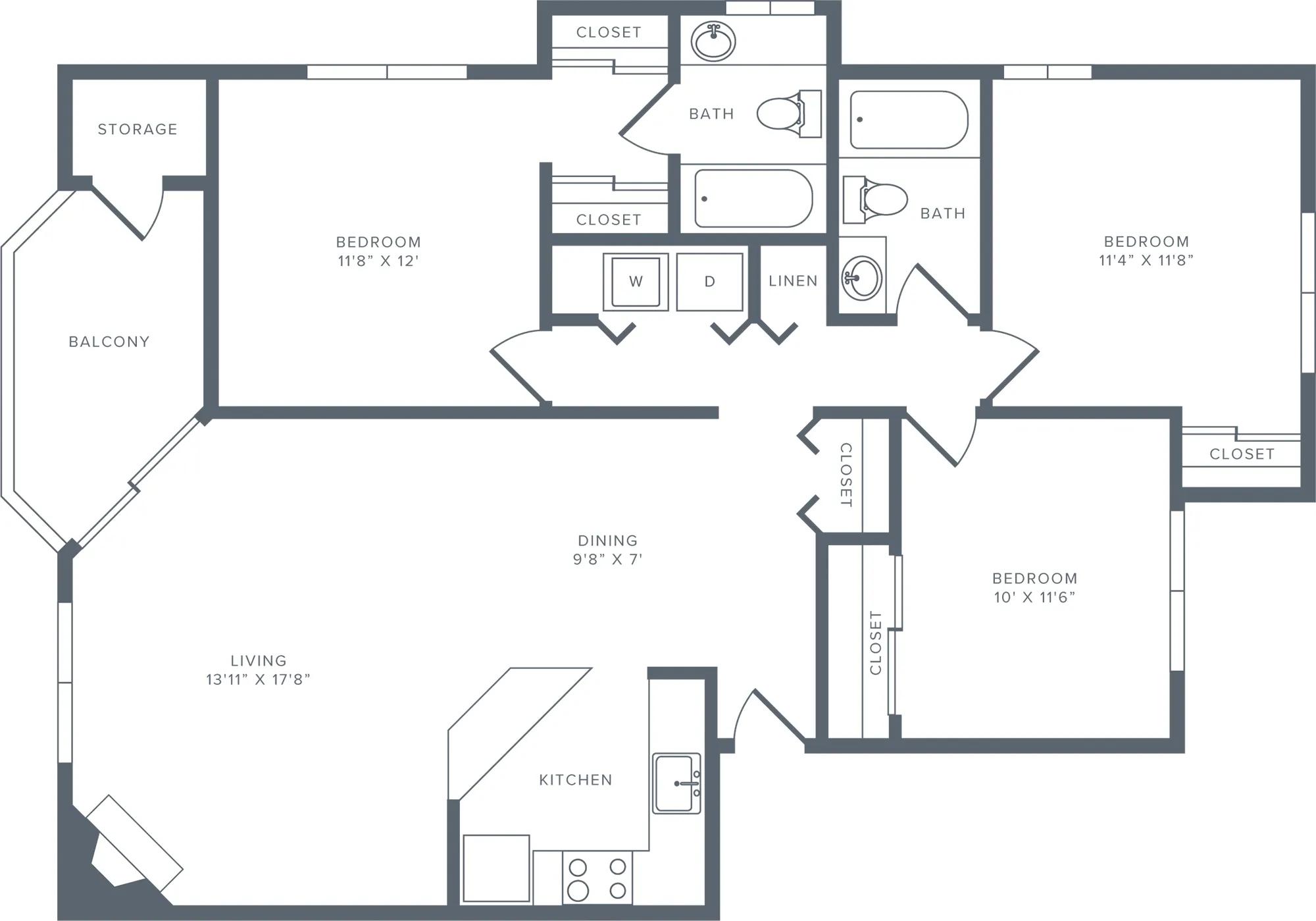 1113 square foot three bedroom two bath apartment floorplan image