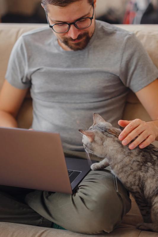 man and cat sitting on couch while man is on computer near modera beaverton apartments in portland