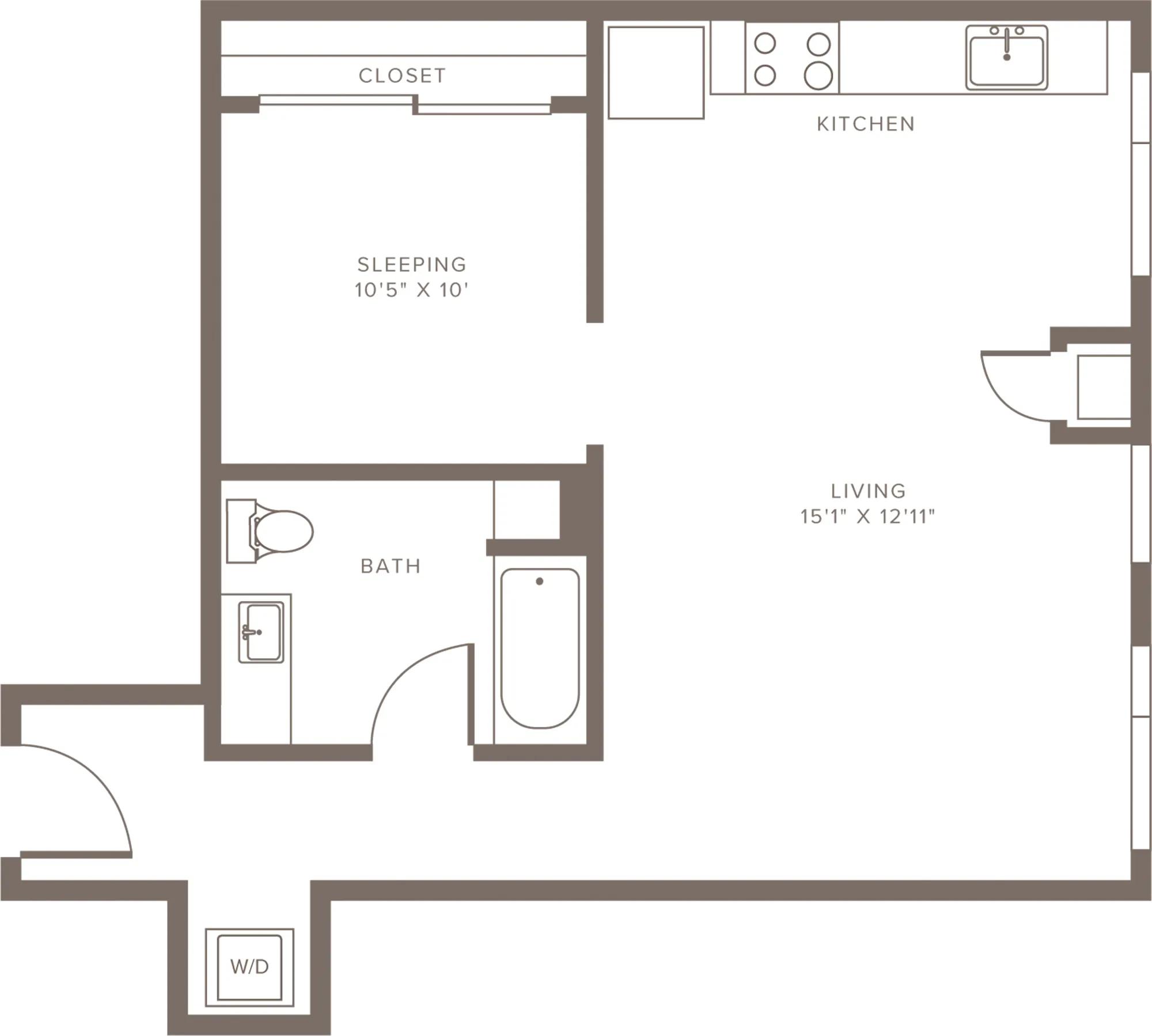 655 square foot one bedroom one bath apartment floorplan image