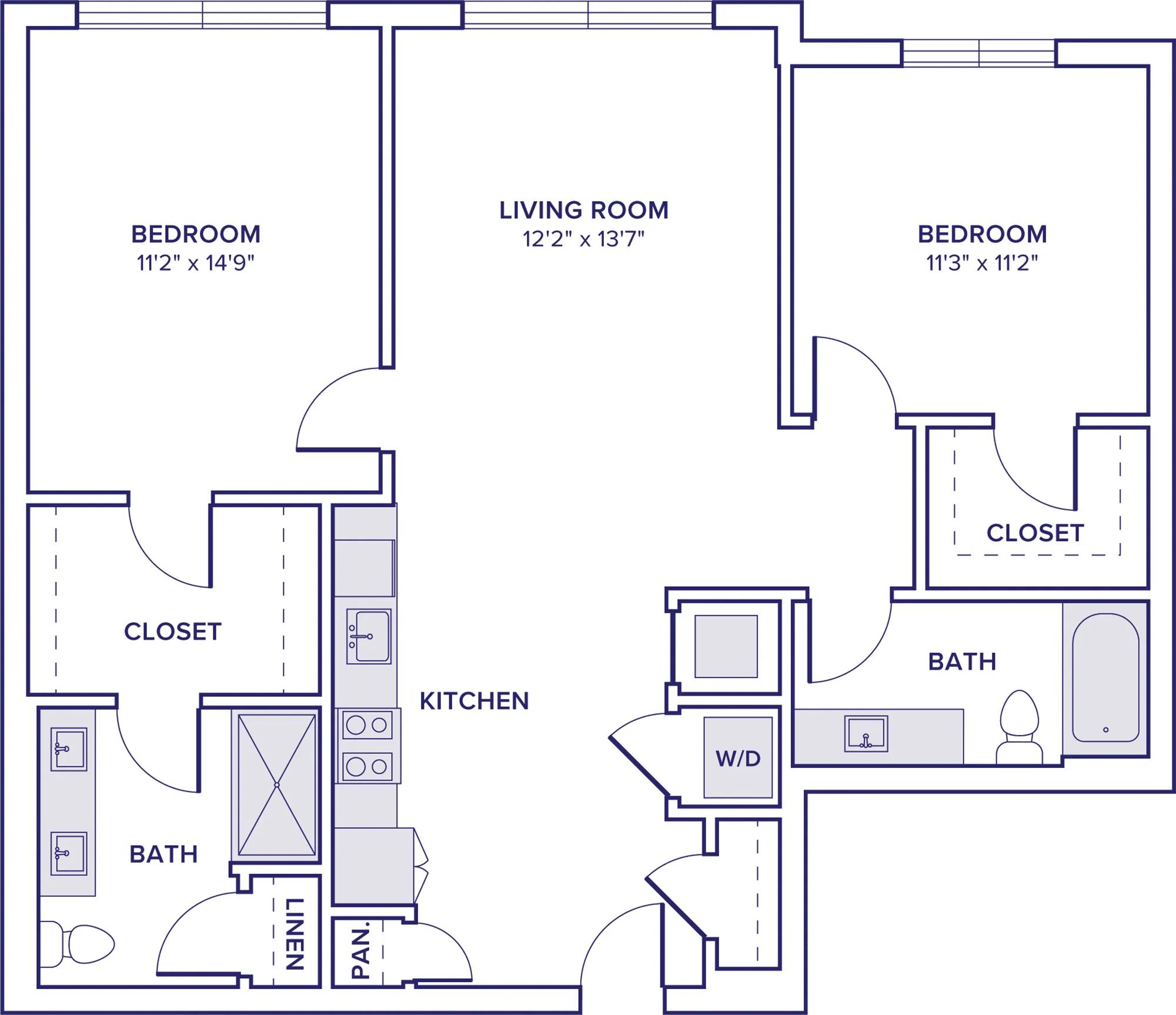 1111 square foot two bedroom two bathroom floorplan image