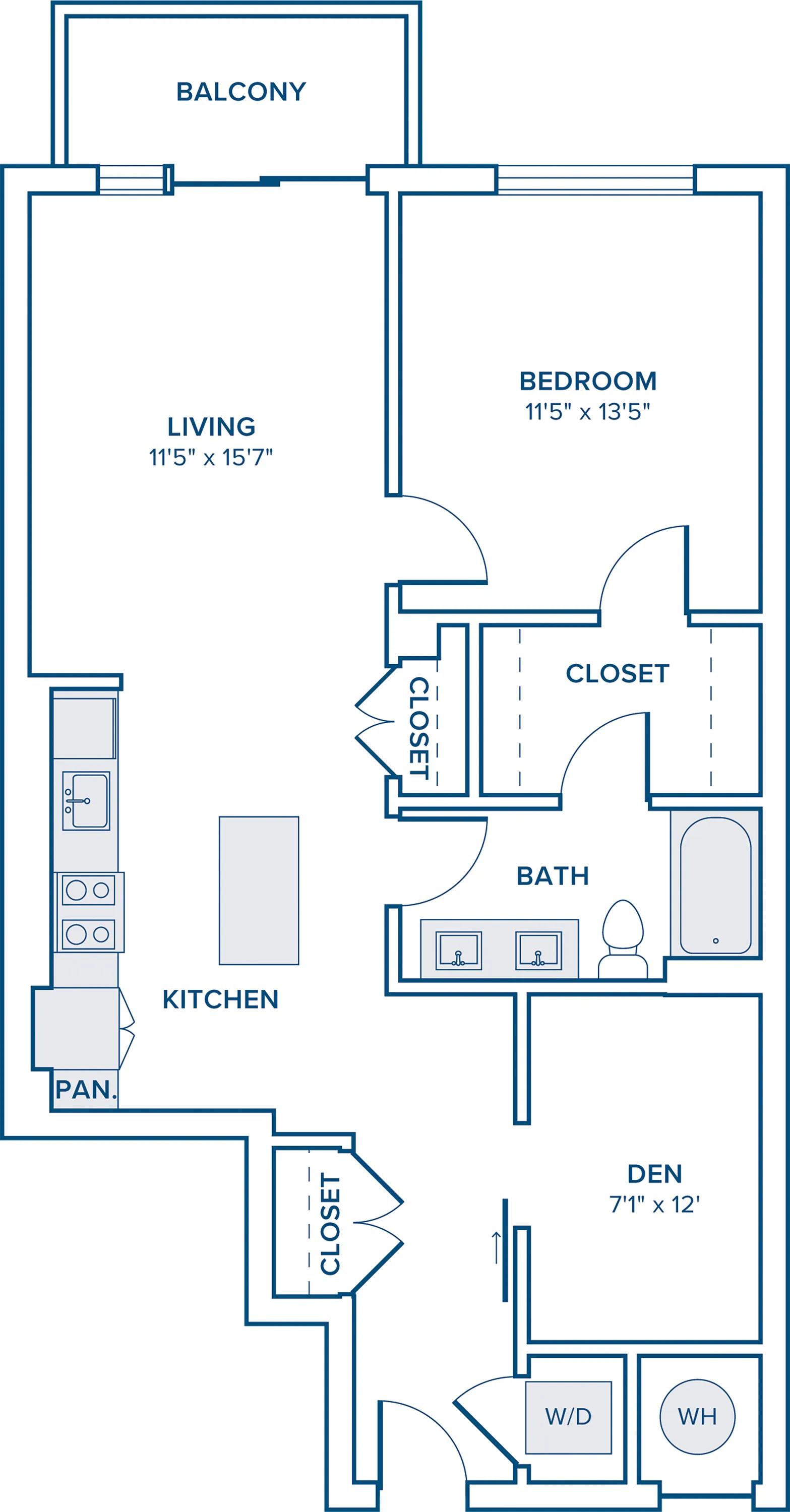 912 square foot one bedroom one bath with den apartment floorplan image