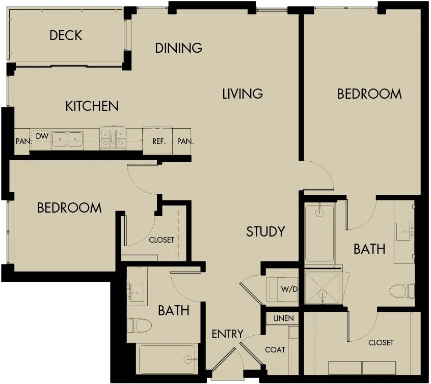 1223 square foot two bedroom two bath apartment floor plan image