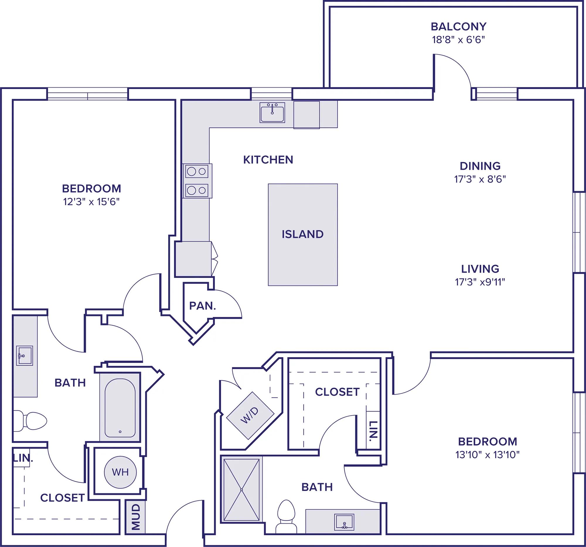 1372 square foot two bedroom two bath apartment floor plan in McKinney, TX