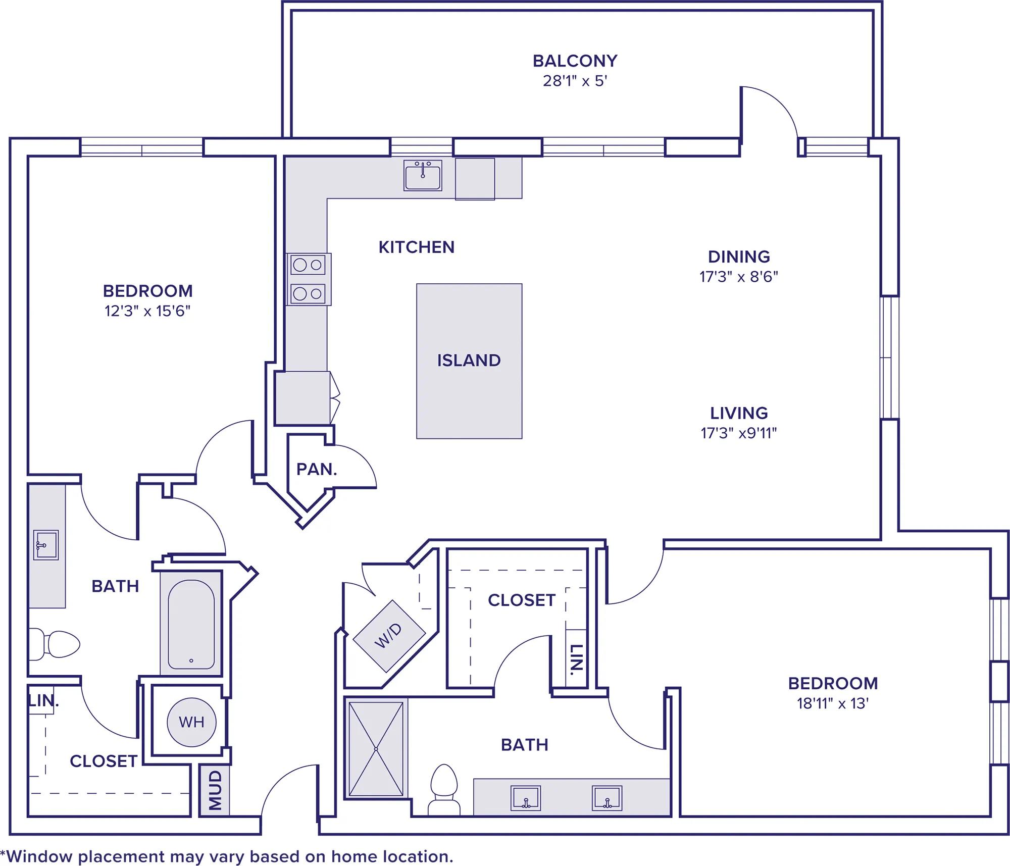 1443 square foot two bedroom two bath apartment floor plan in McKinney, TX