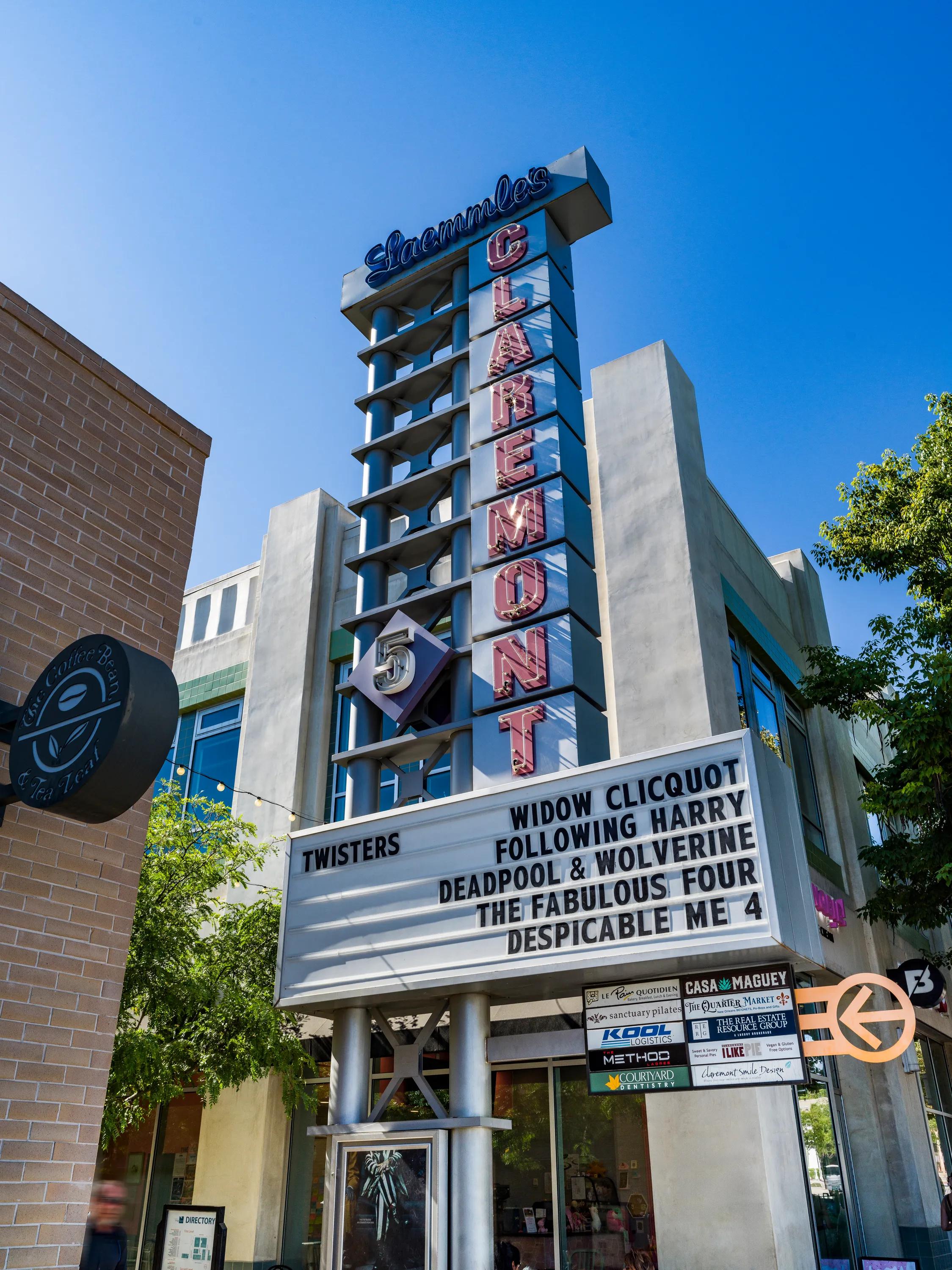 claremeont movie theater entrance with large sign modera pomona apartment homes for rent in ca