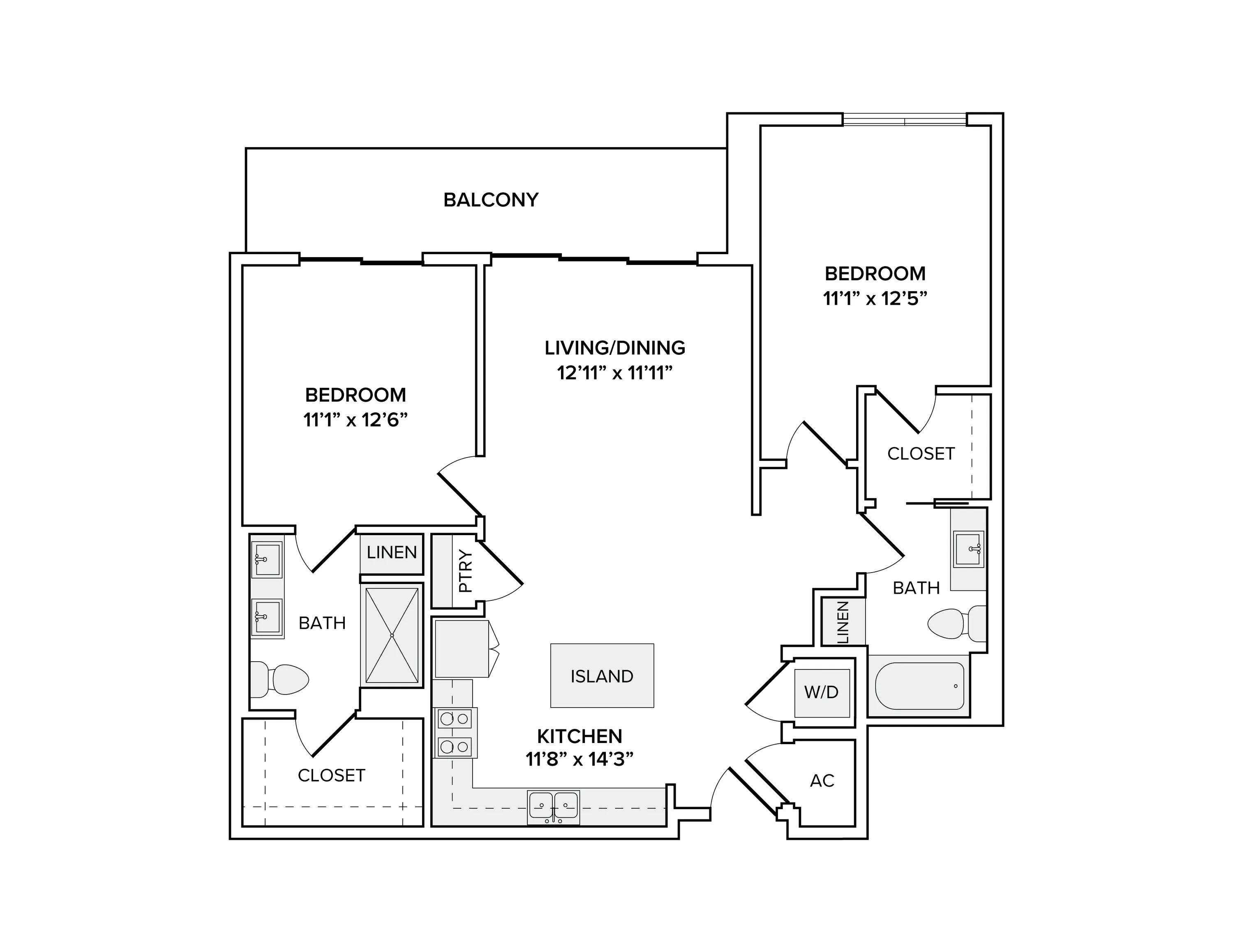 1077 square foot two bed two bath apartment floor plan in Scottsdale, AZ