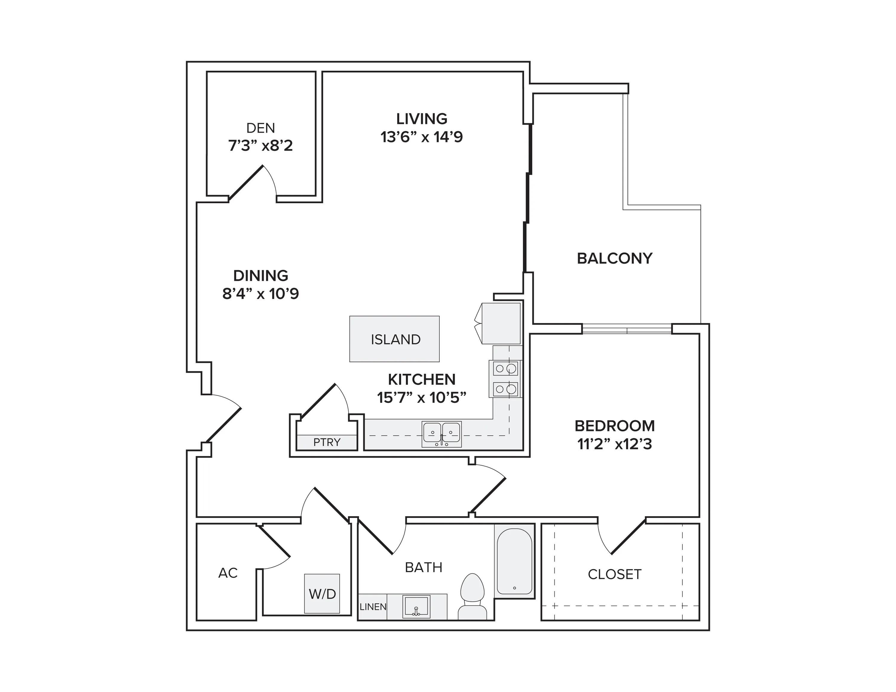 1098 square foot one bed one bath apartment floor plan in Scottsdale, AZ