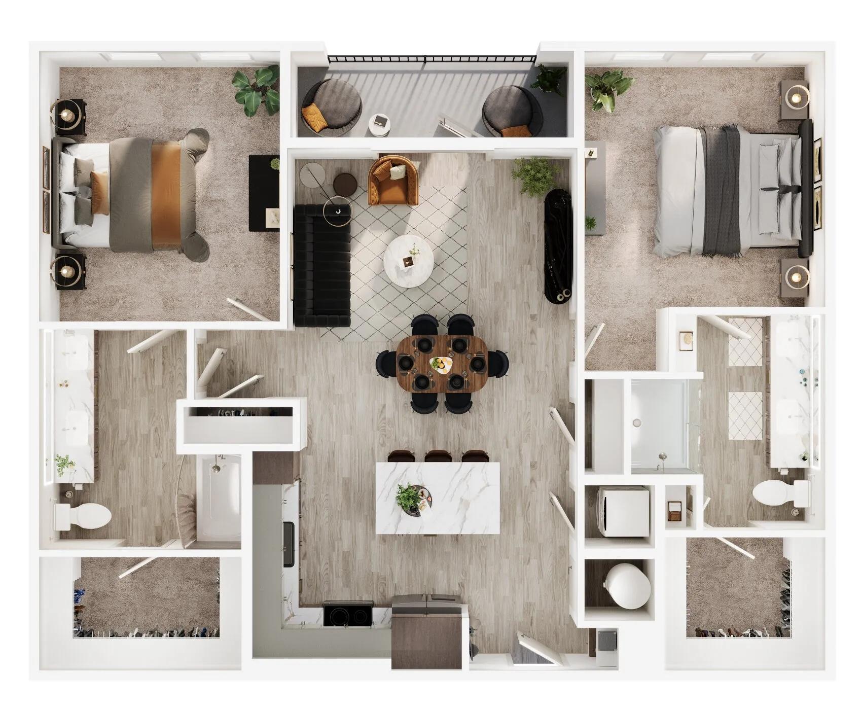 1228 square foot two bedroom two bath apartment floor plan image