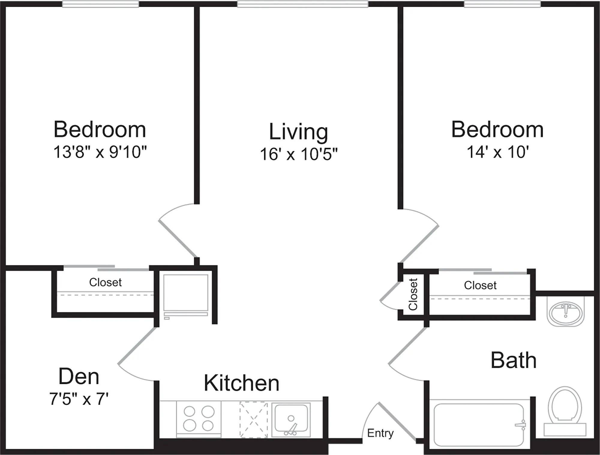 752 square foot two bedroom one bath floor plan image