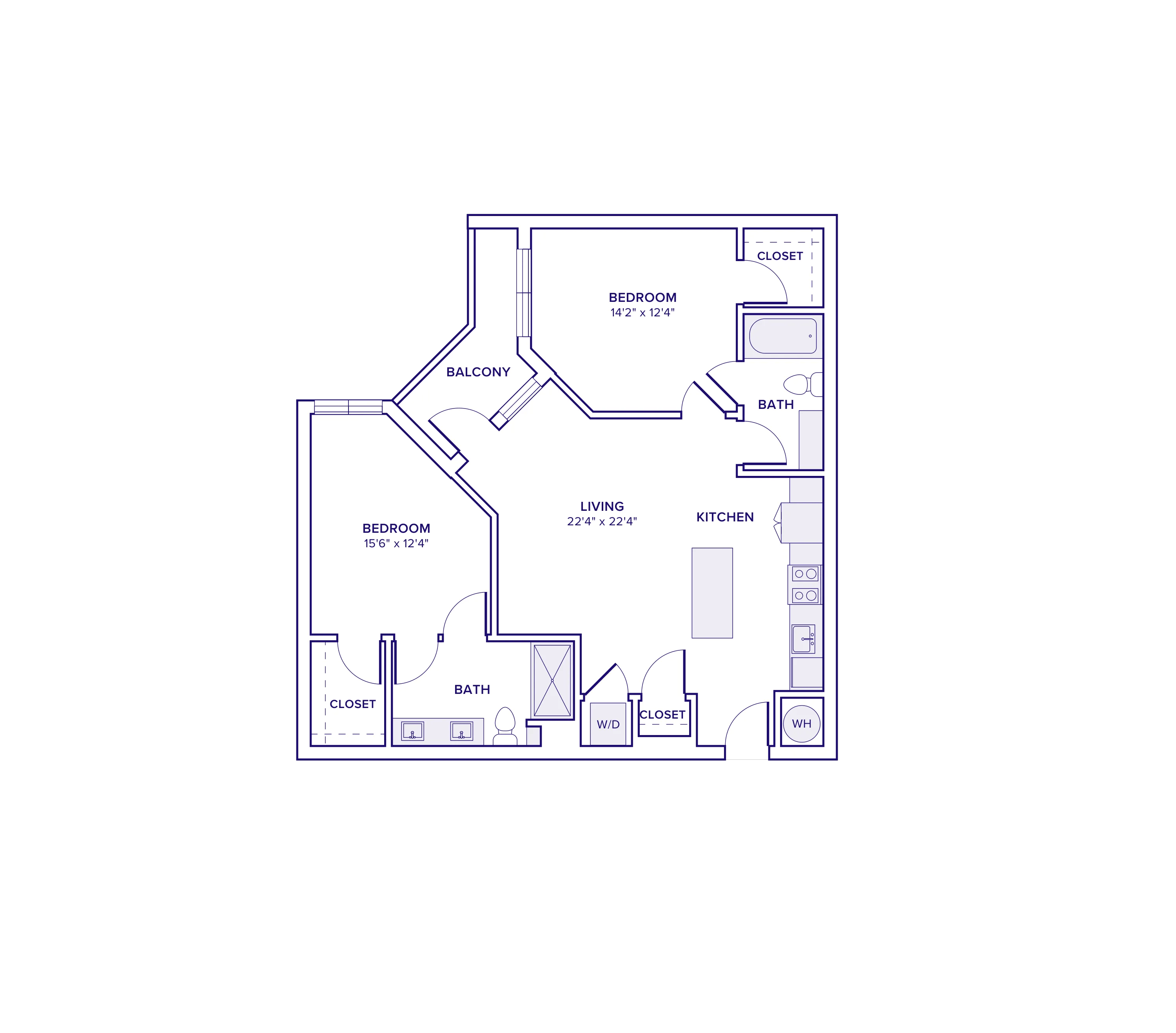 1079 square foot two bed two bath apartment floor plan in Atlanta, GA