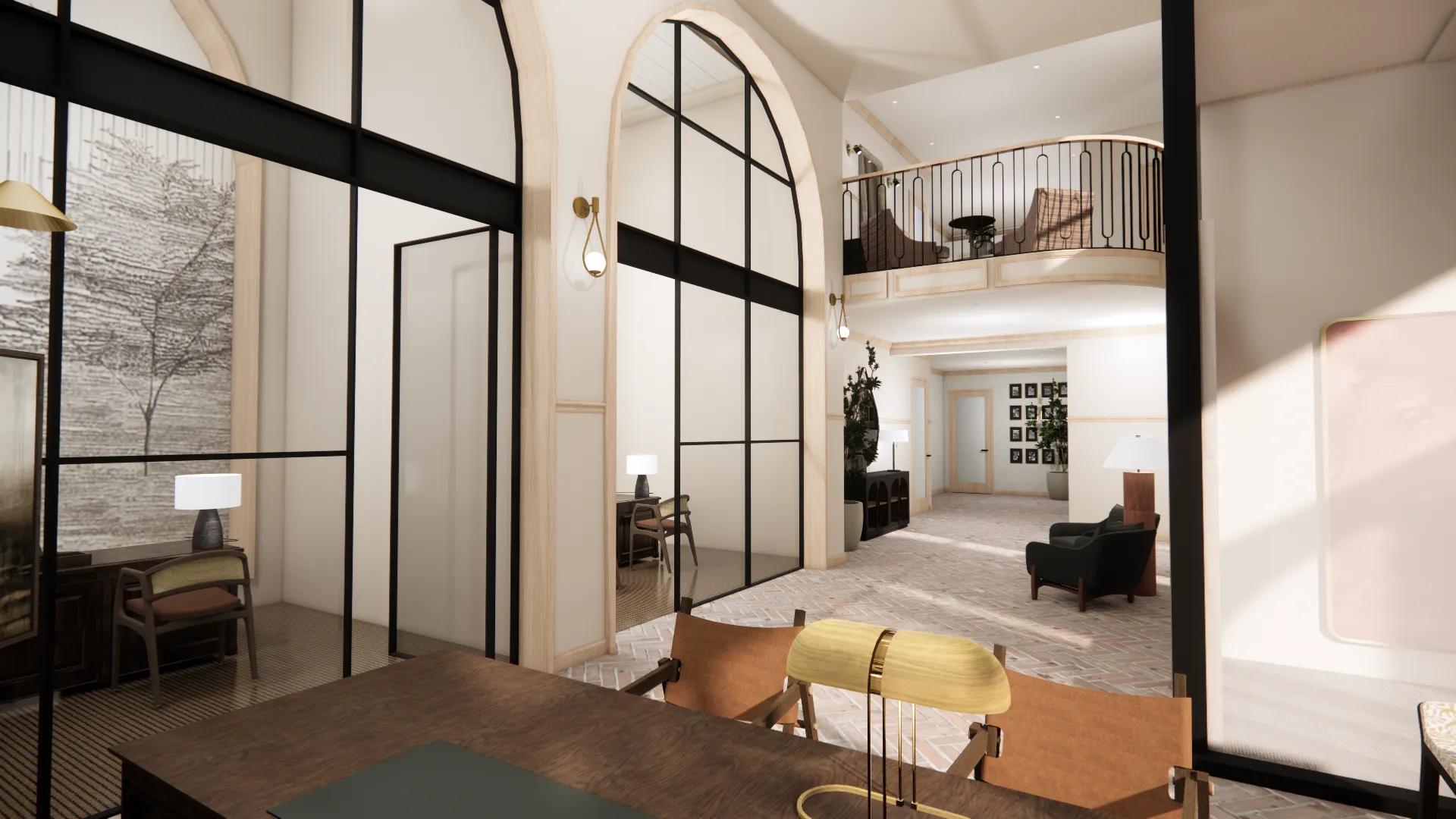 lobby with two story ceilings and large glass windows at modera university park apartment homes for rent in denver co