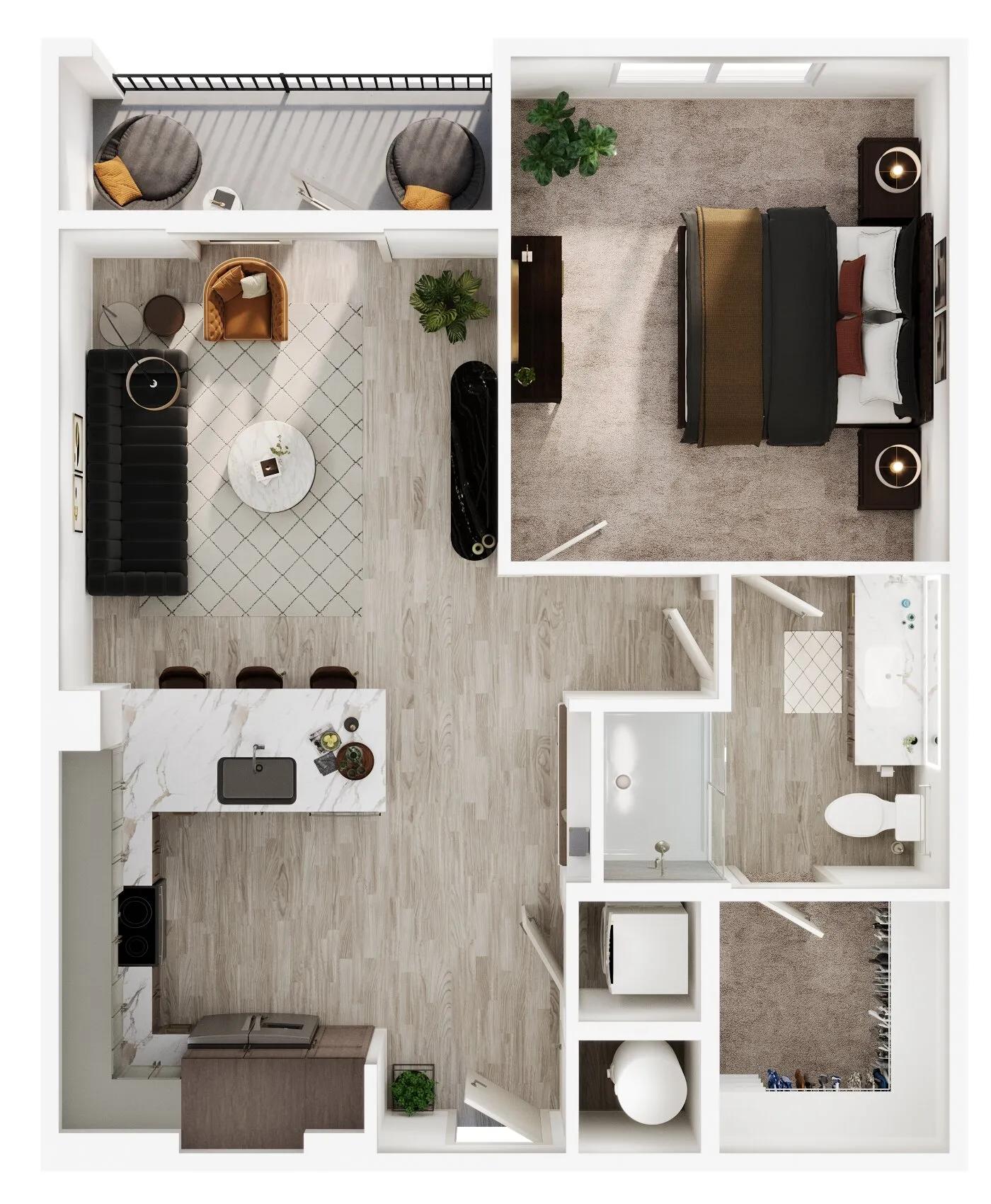 756 square foot one bedroom one bath apartment floor plan image