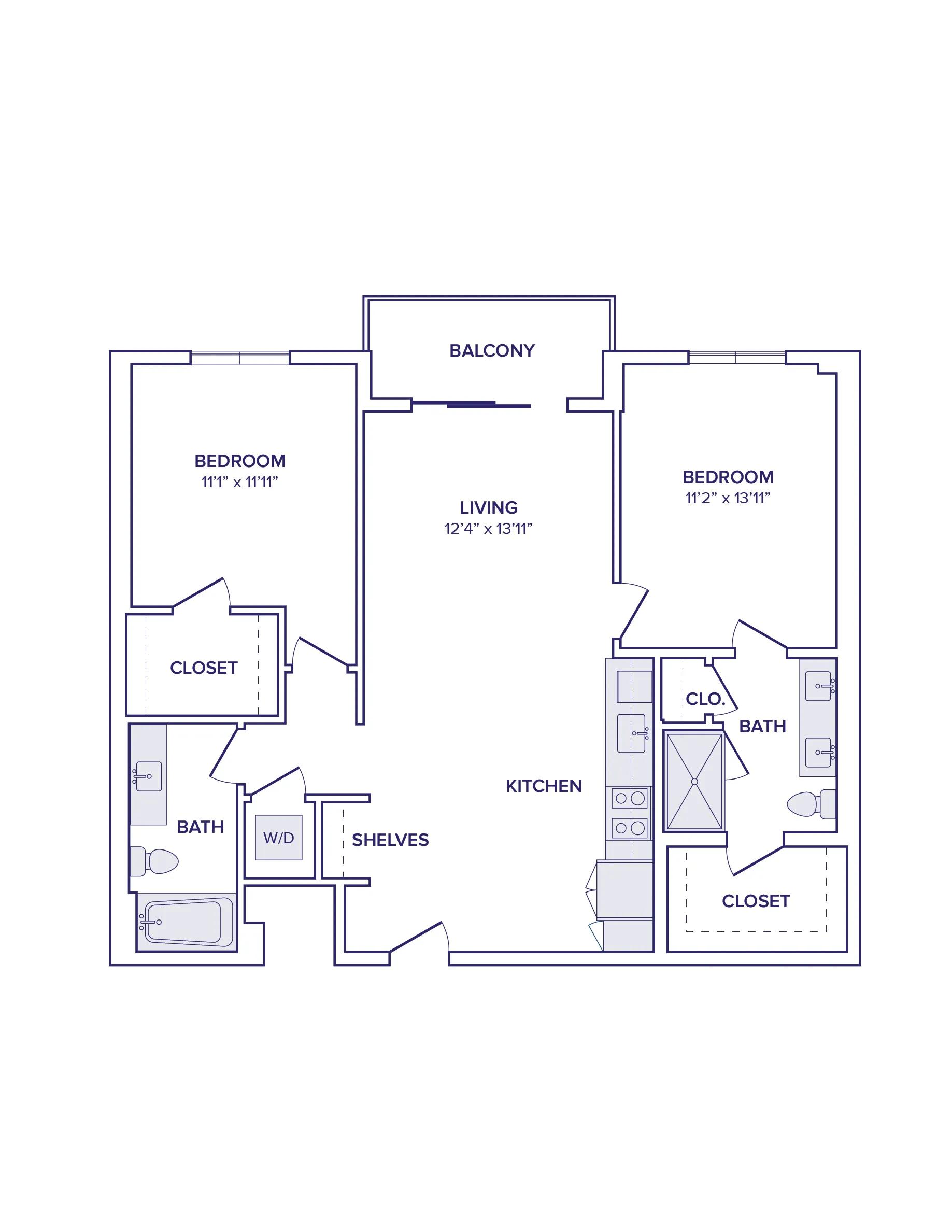 1103 square foot three bed two bath apartment floor plan image