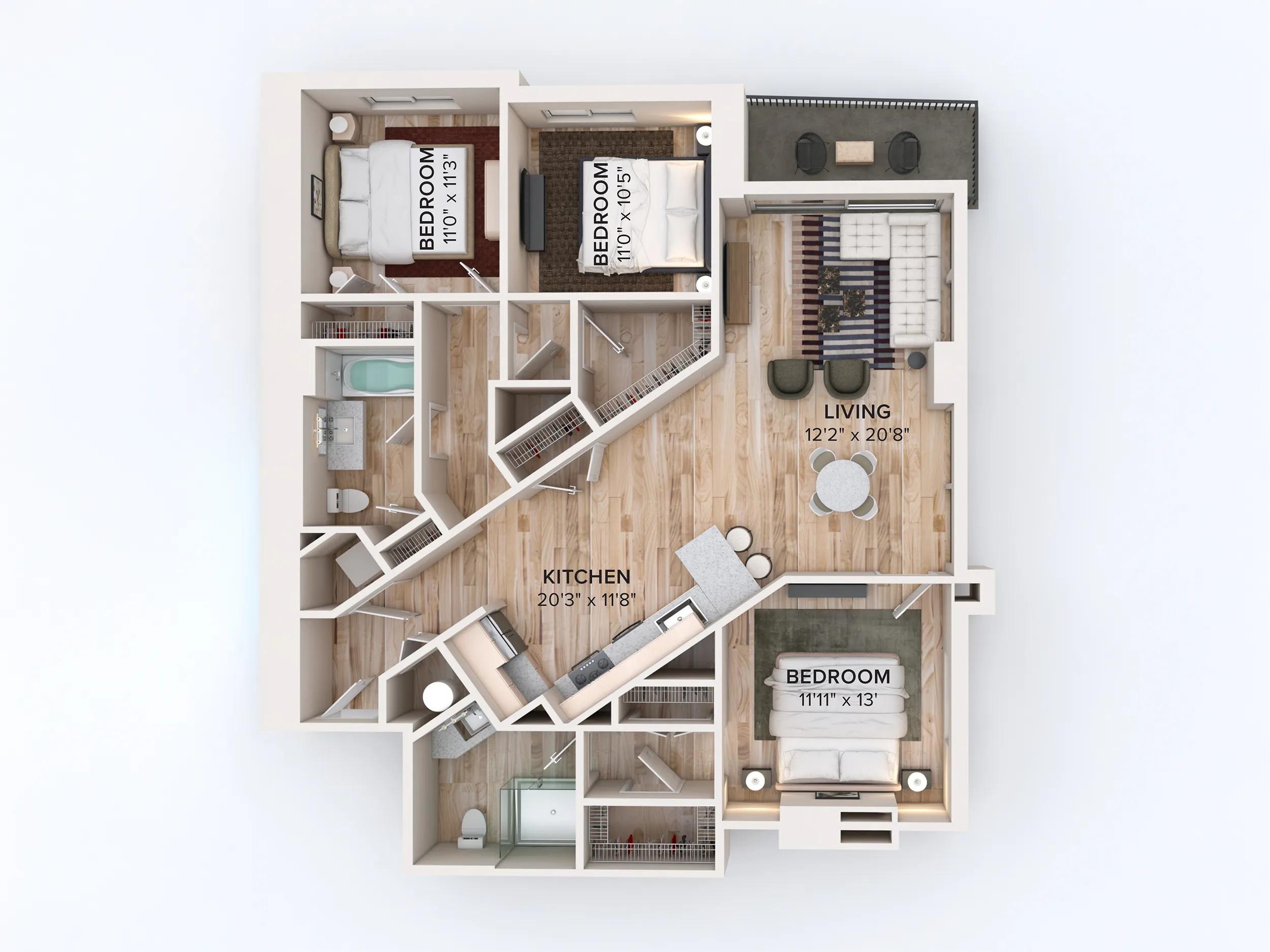 1371 square foot three bed two bath floor plan in Miami, FL