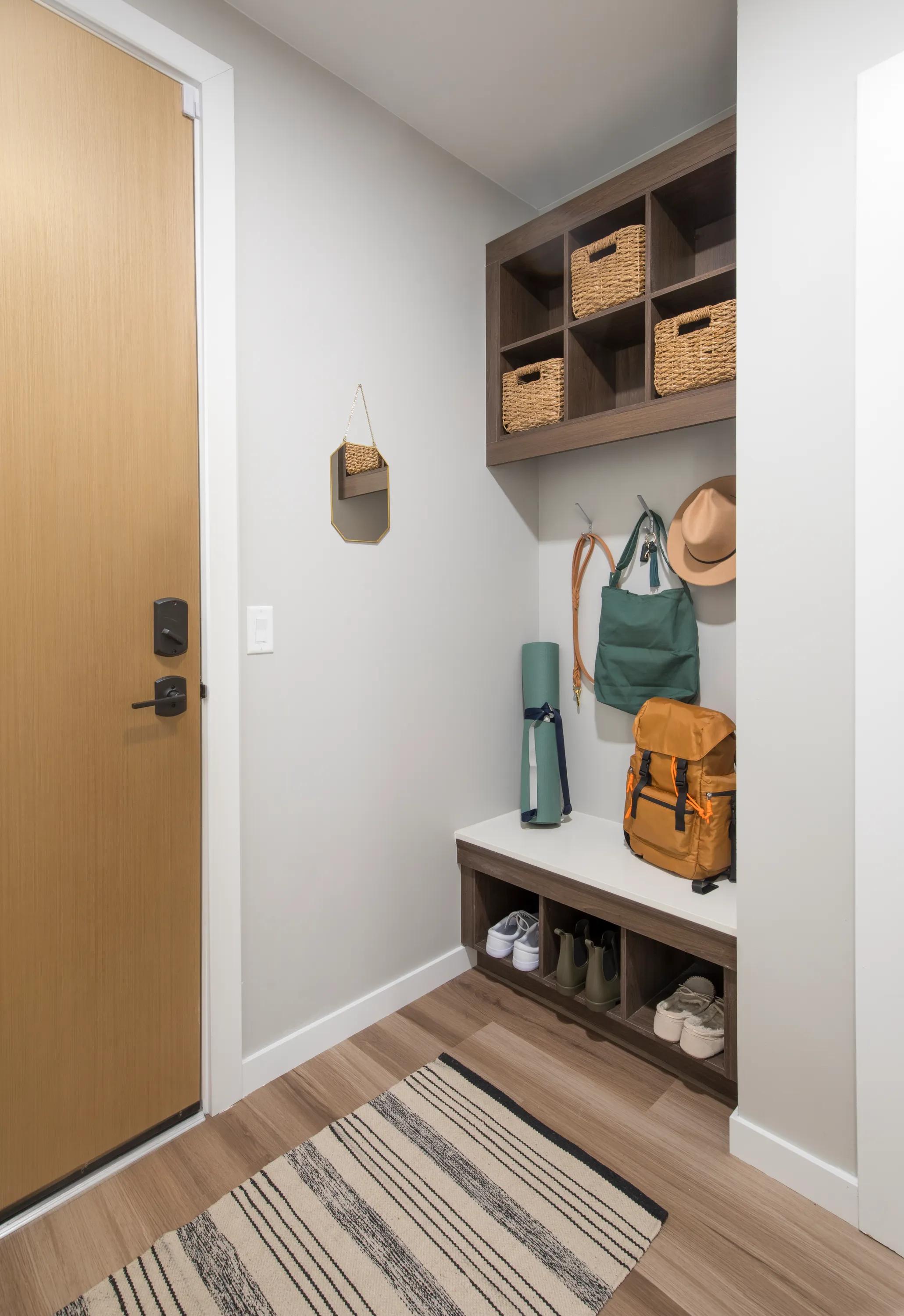 Built-in mudrooms with cubbies, and key drop modera lohi apartments in denver co