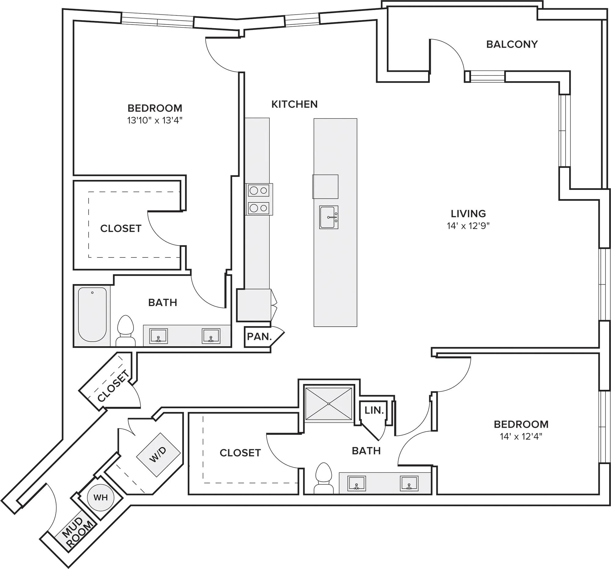 1643 square foot two bedroom two bath apartment floor plan in Dallas, TX
