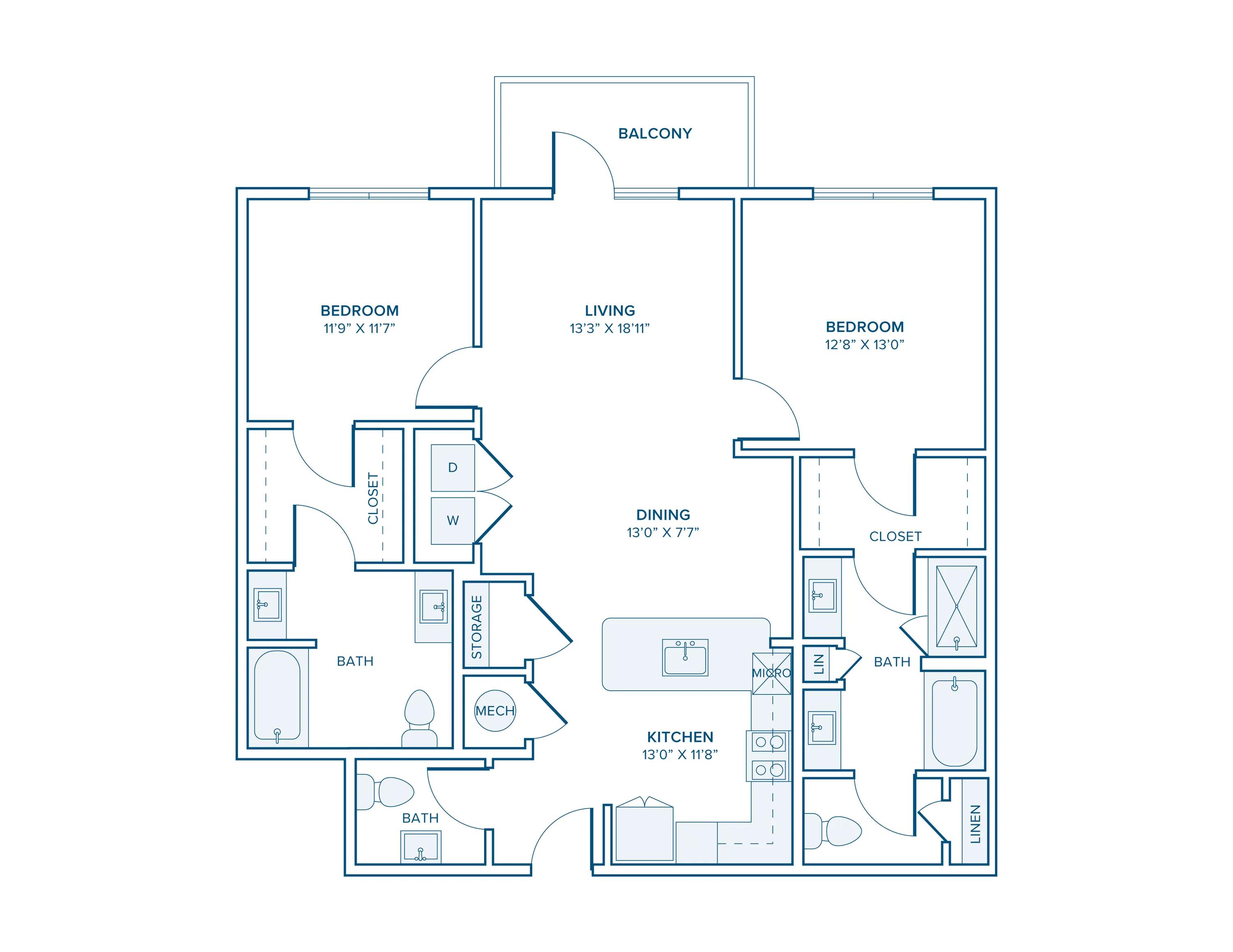 1247 square foot two bedroom two bath apartment floorplan in Charlotte, NC