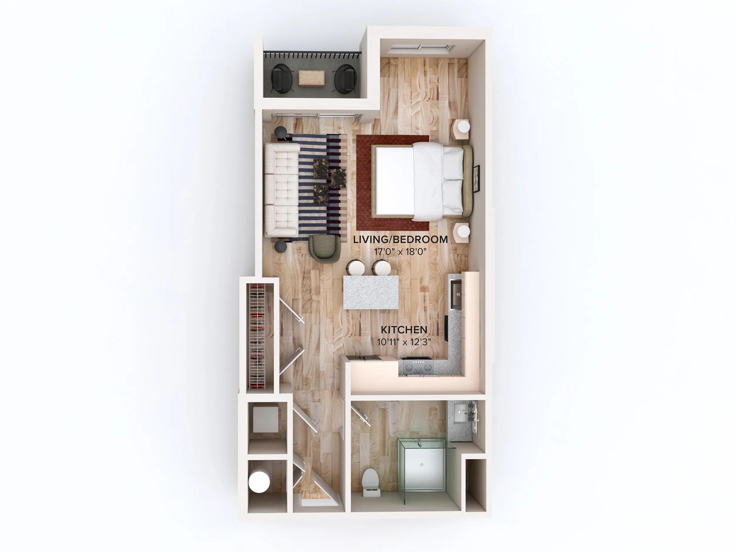 606 square foot studio one bath floor plan in Miami, FL
