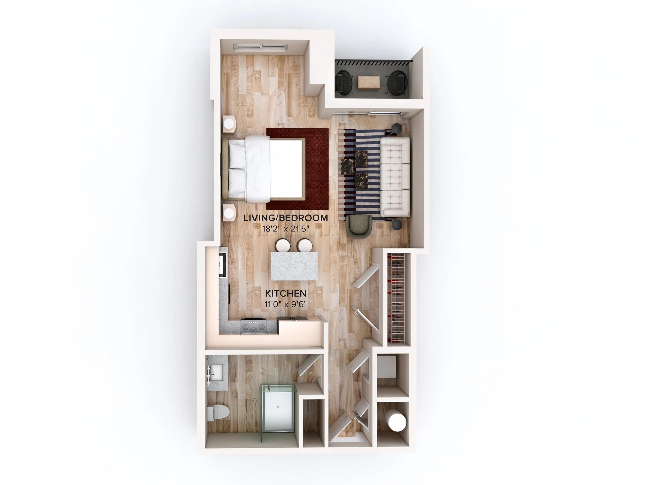 650 square foot studio one bath floor plan in Miami, FL
