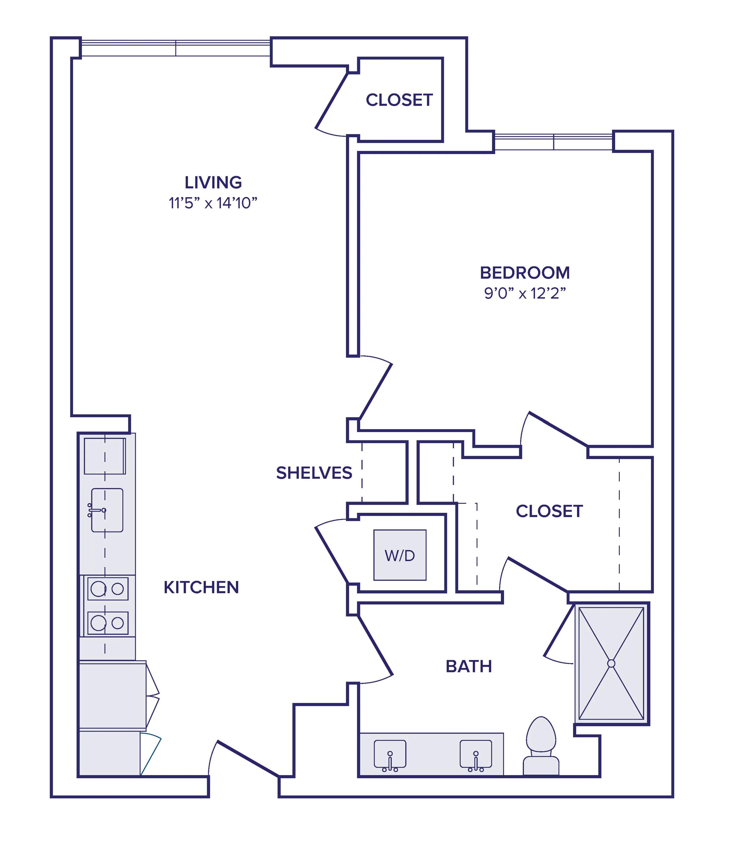 755 square foot one bedroom one bath apartment floor plan image