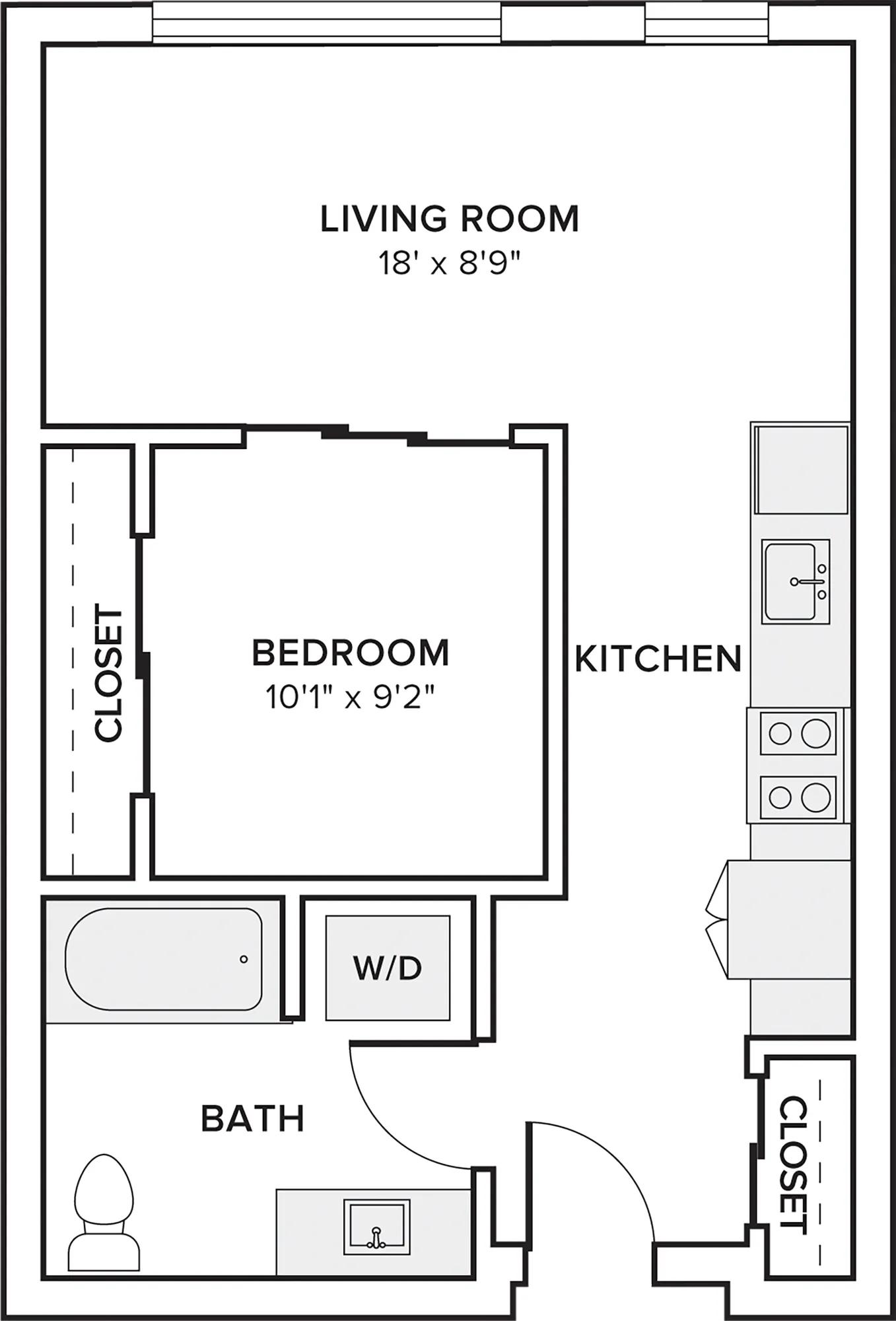 545 to 553 square foot one bedroom one bath apartment floor plan image in Redmond, WA