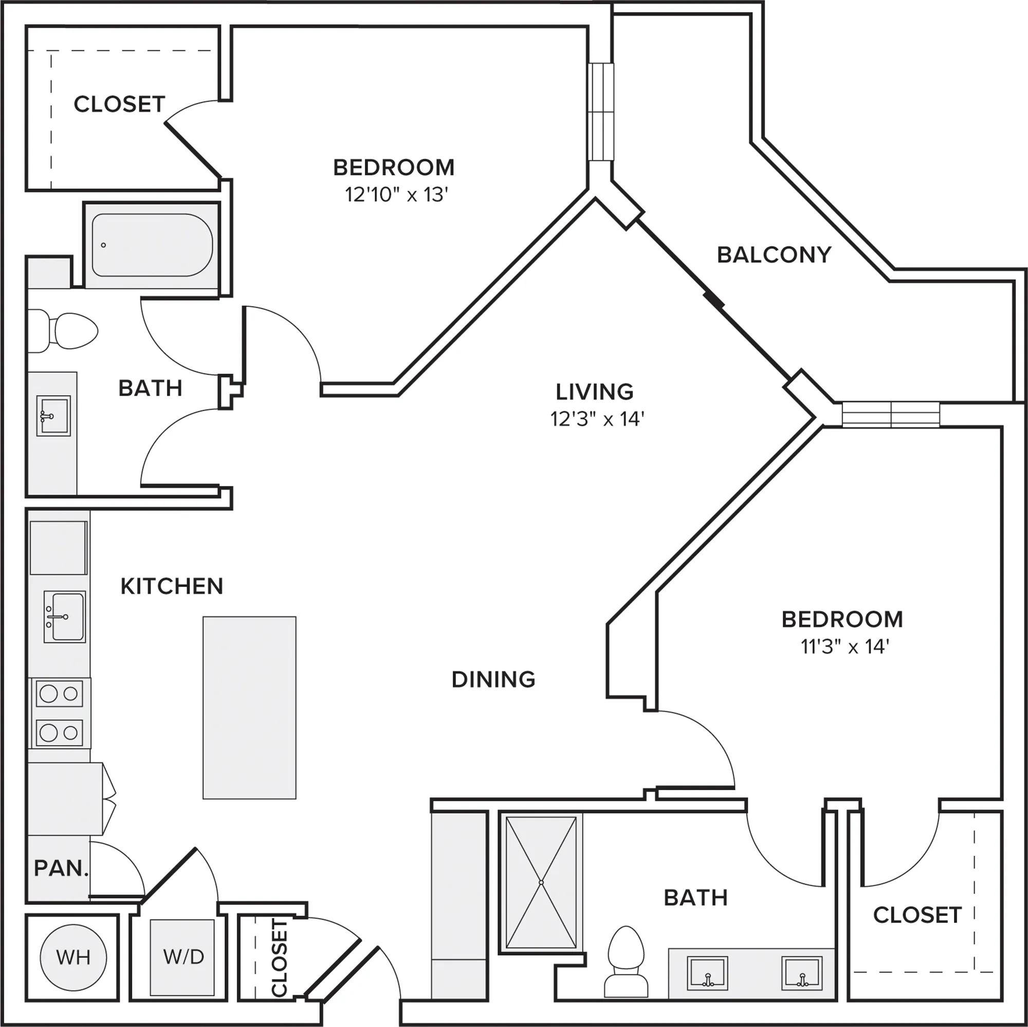 1132-1136 square foot two bedroom two bath apartment floorplan in Davie, FL