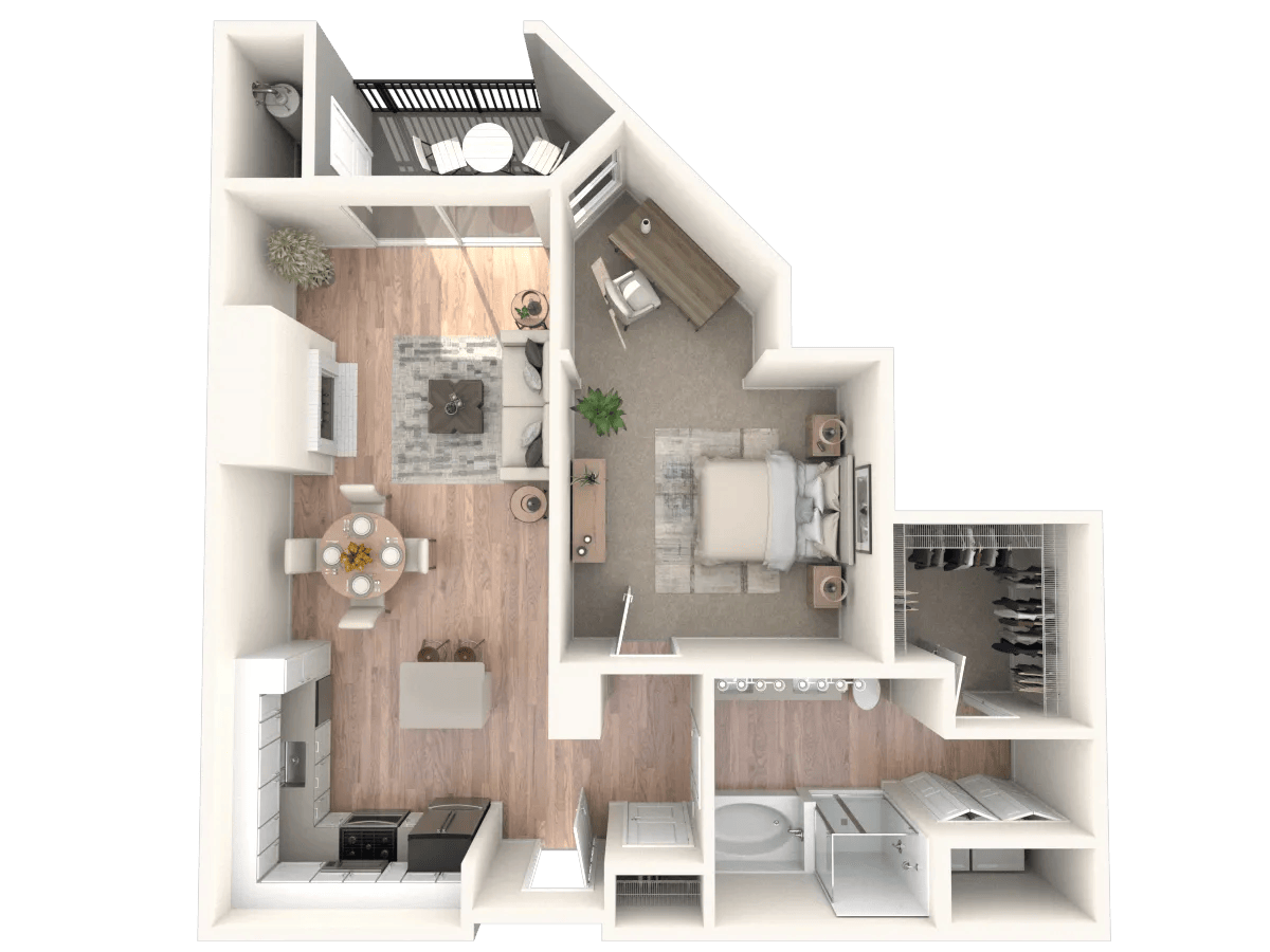 857 square foot one bed one bath floor plan image