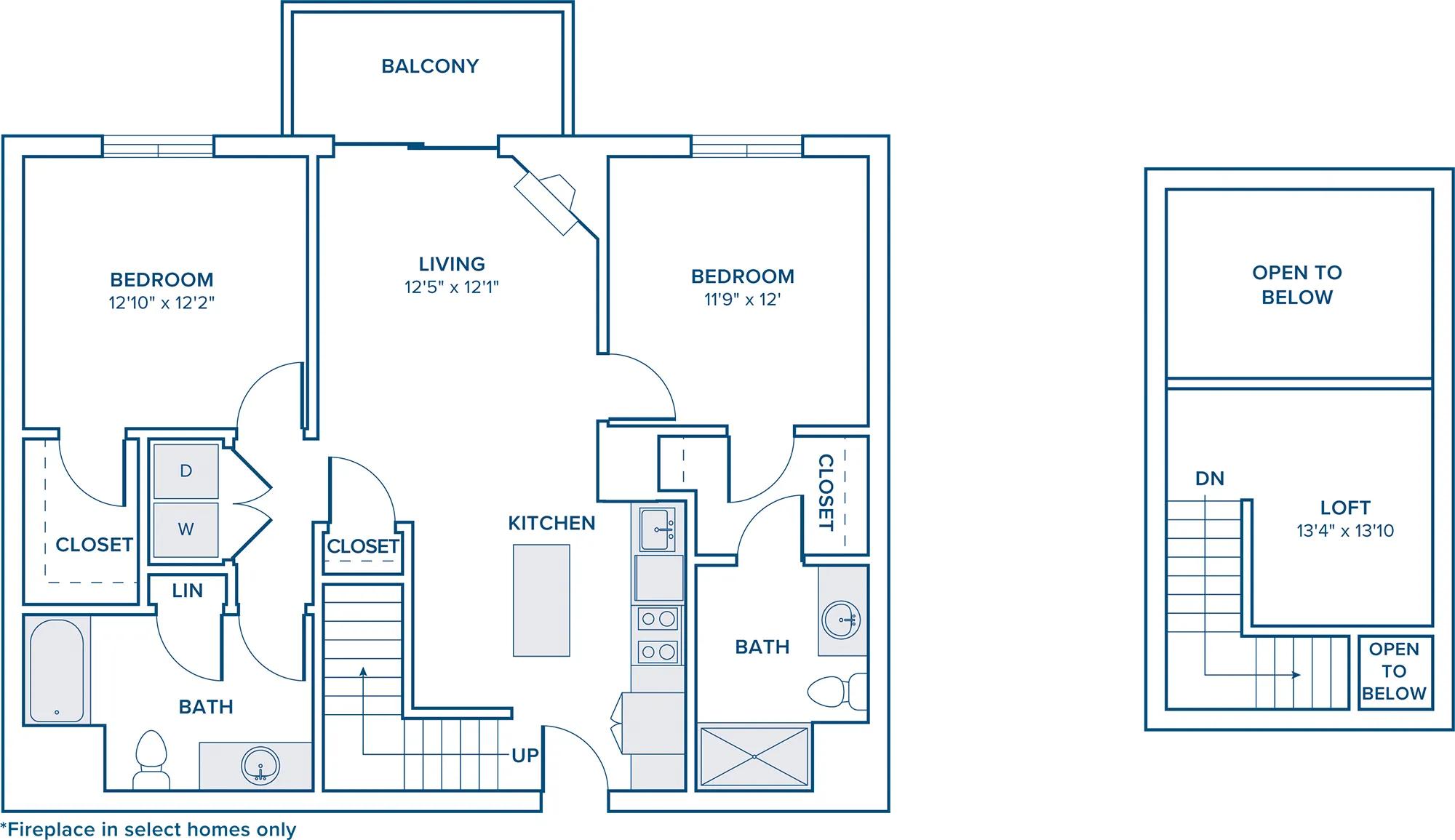 1220 square foot two bedroom two bath apartment floor plan in Marshfield, MA